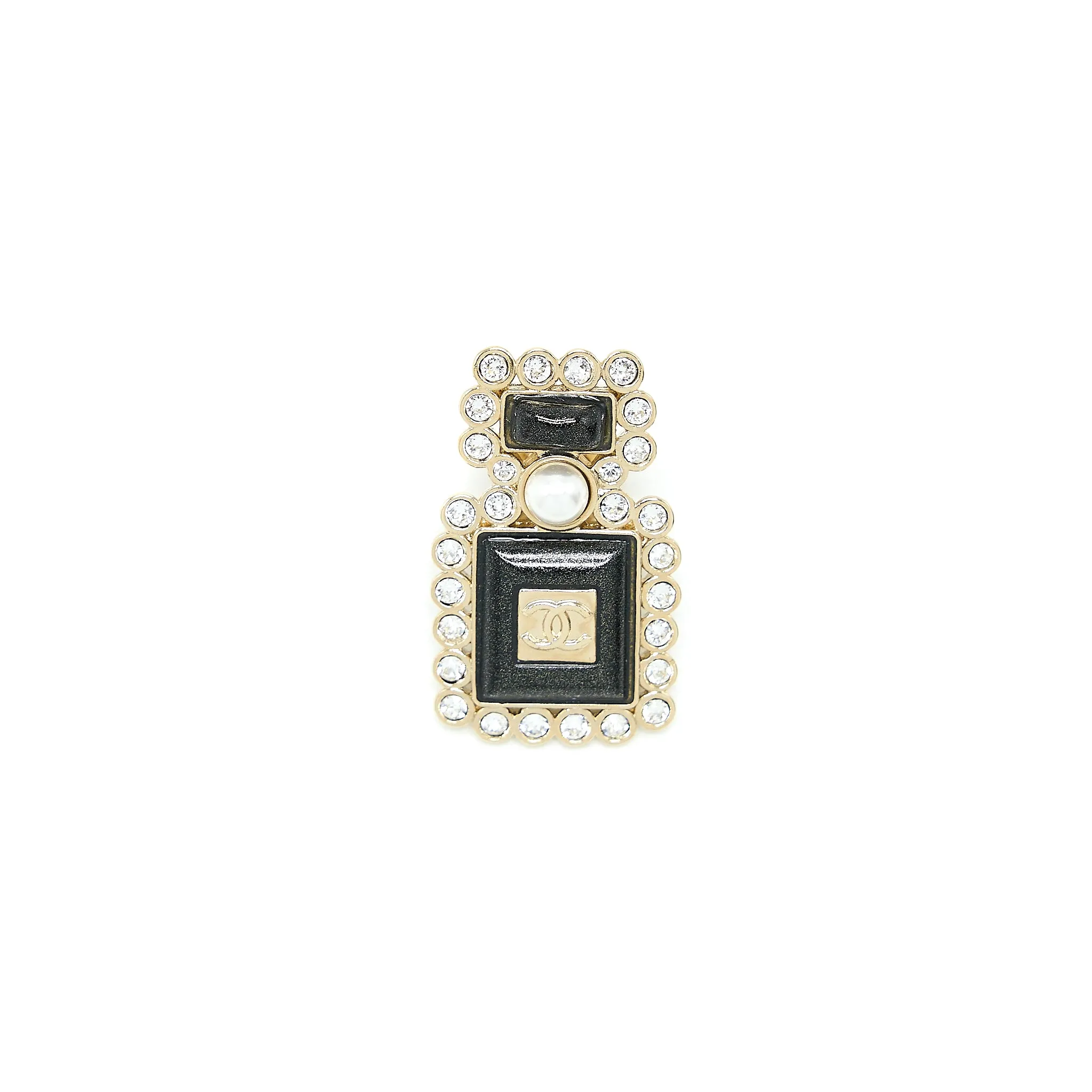 Chanel Perfume Bottle CC Logo Brooch Crystal/Pearl Black Light Gold Tone