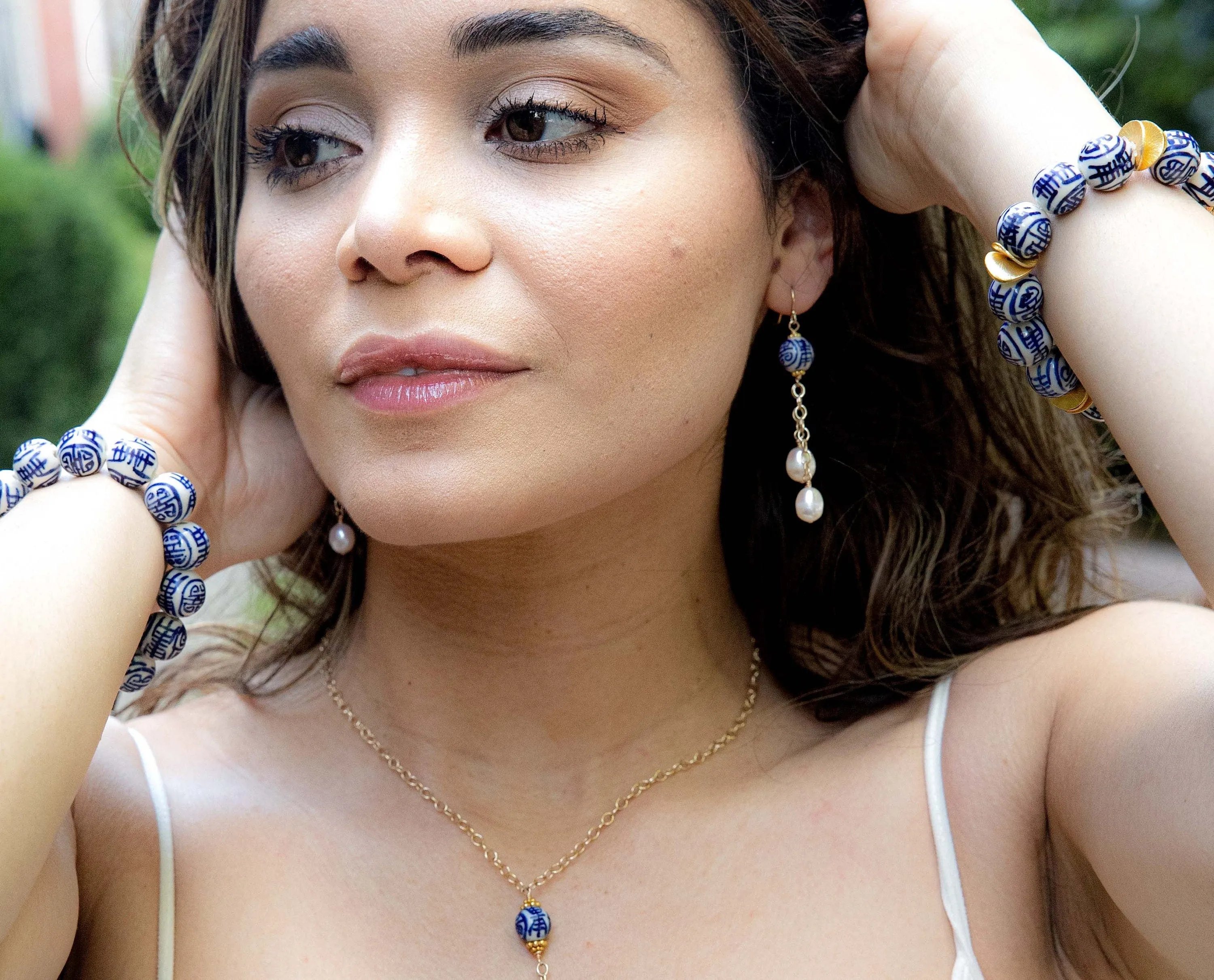 Chinoiserie Bead and Pearl Drop Earrings