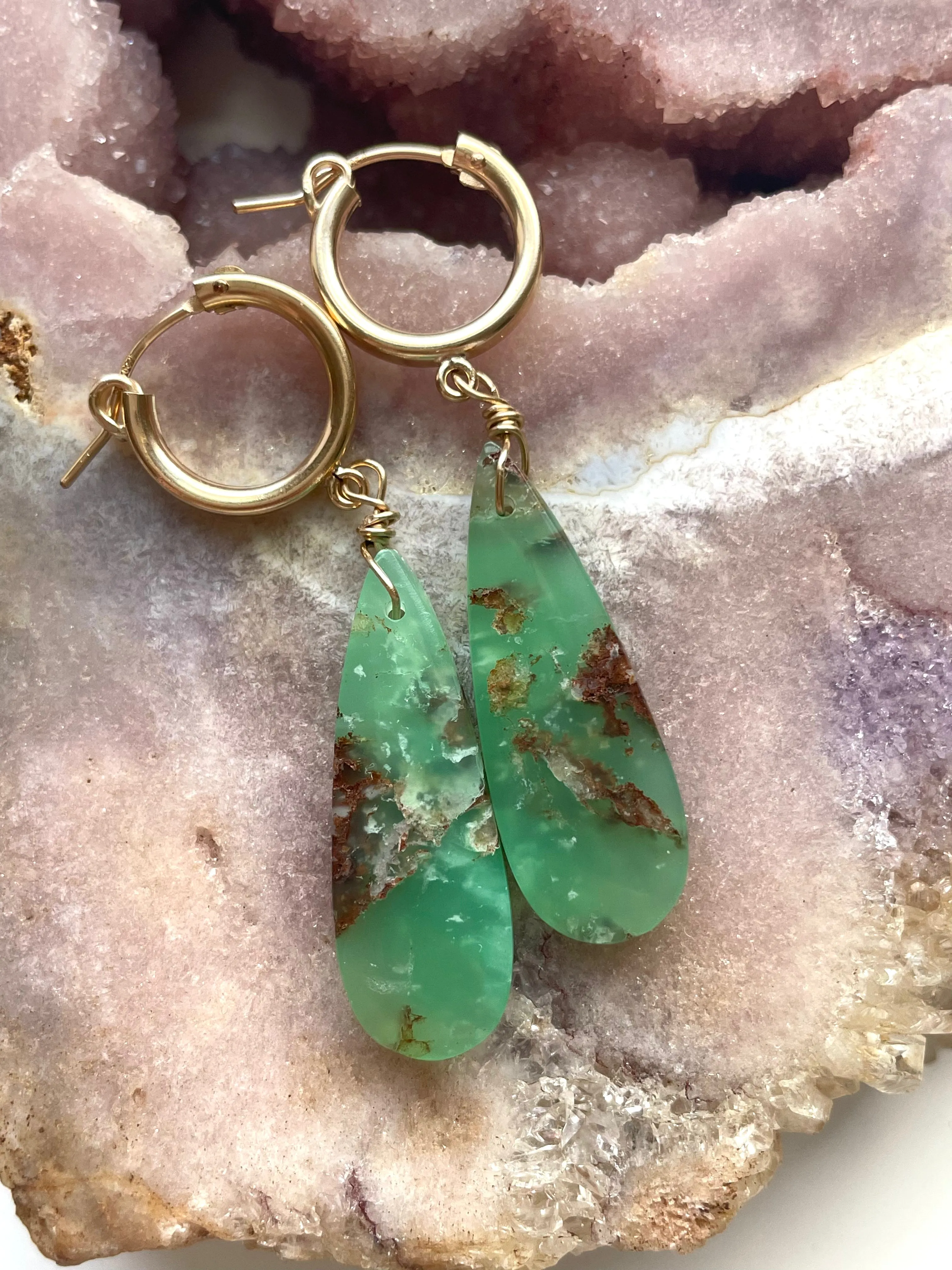 Chrysoprase Statement Hoop Earrings Gold Fill
