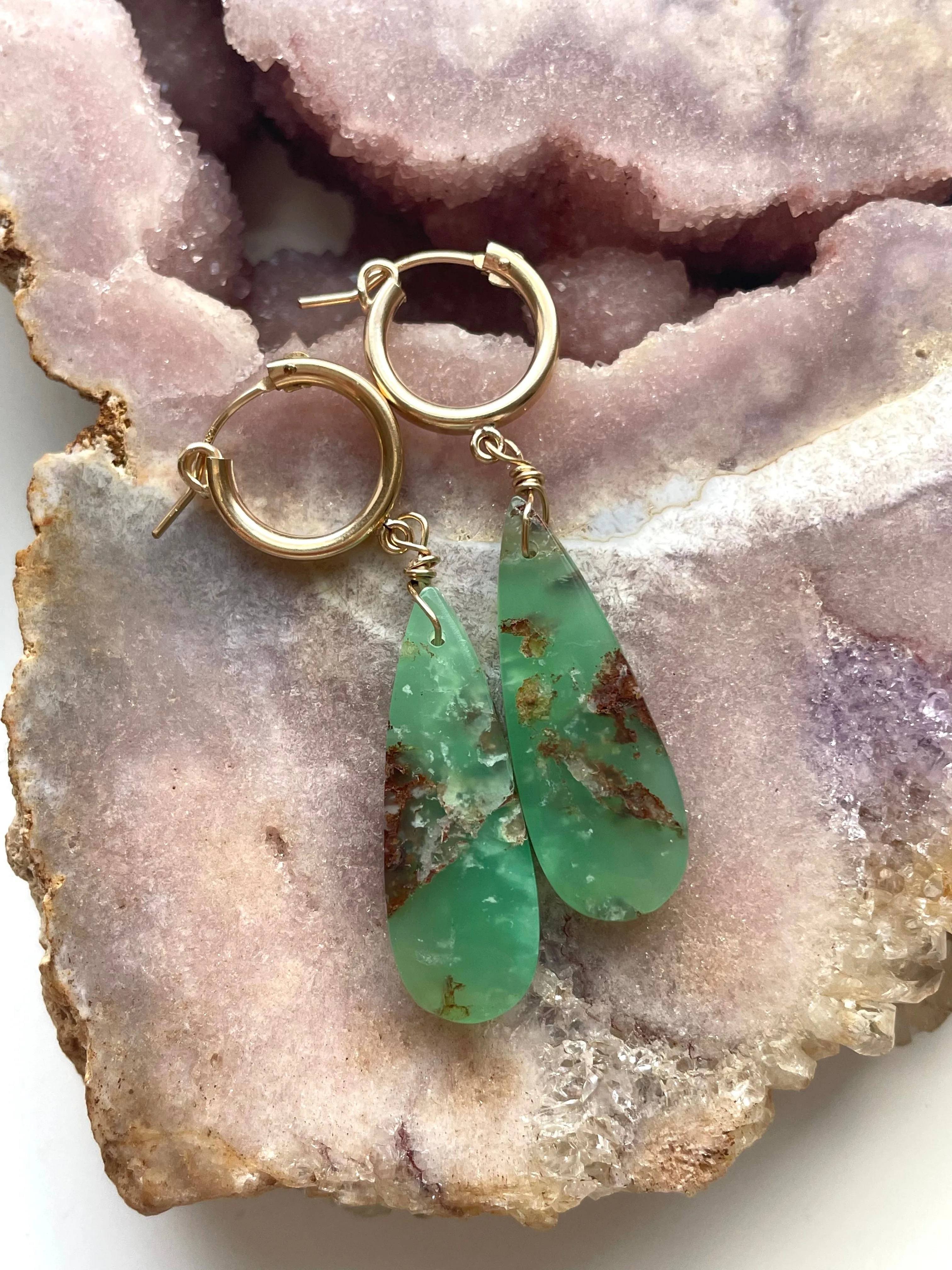 Chrysoprase Statement Hoop Earrings Gold Fill