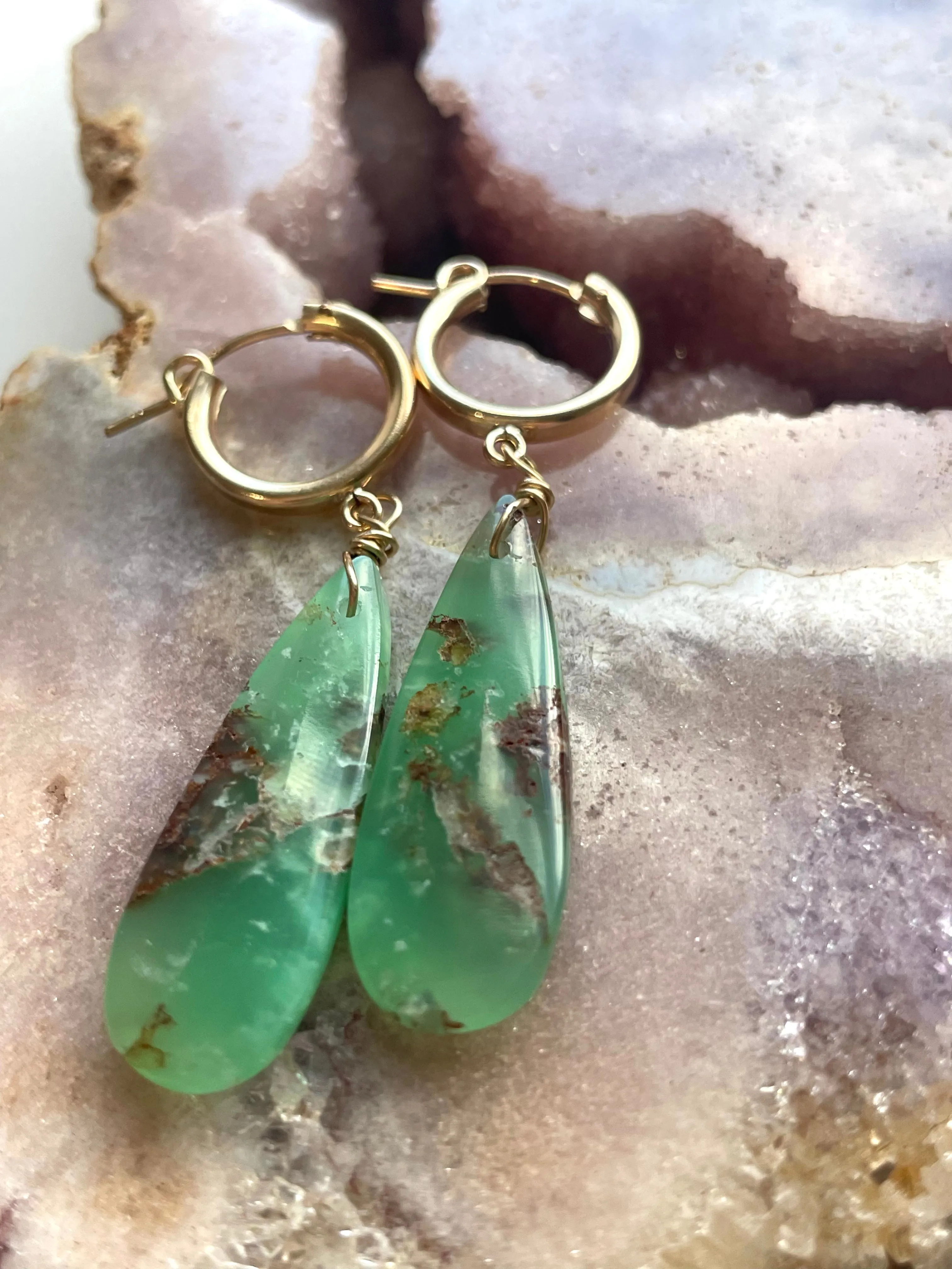 Chrysoprase Statement Hoop Earrings Gold Fill