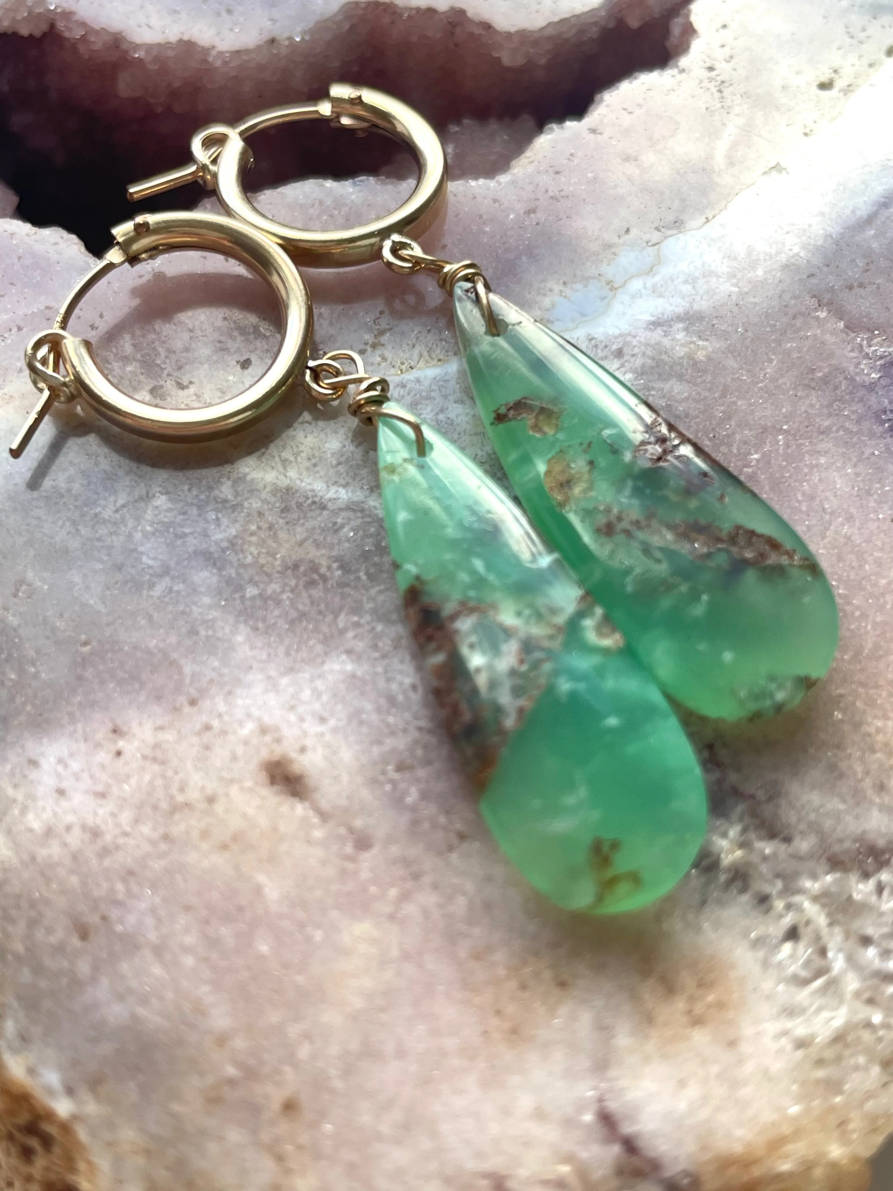 Chrysoprase Statement Hoop Earrings Gold Fill