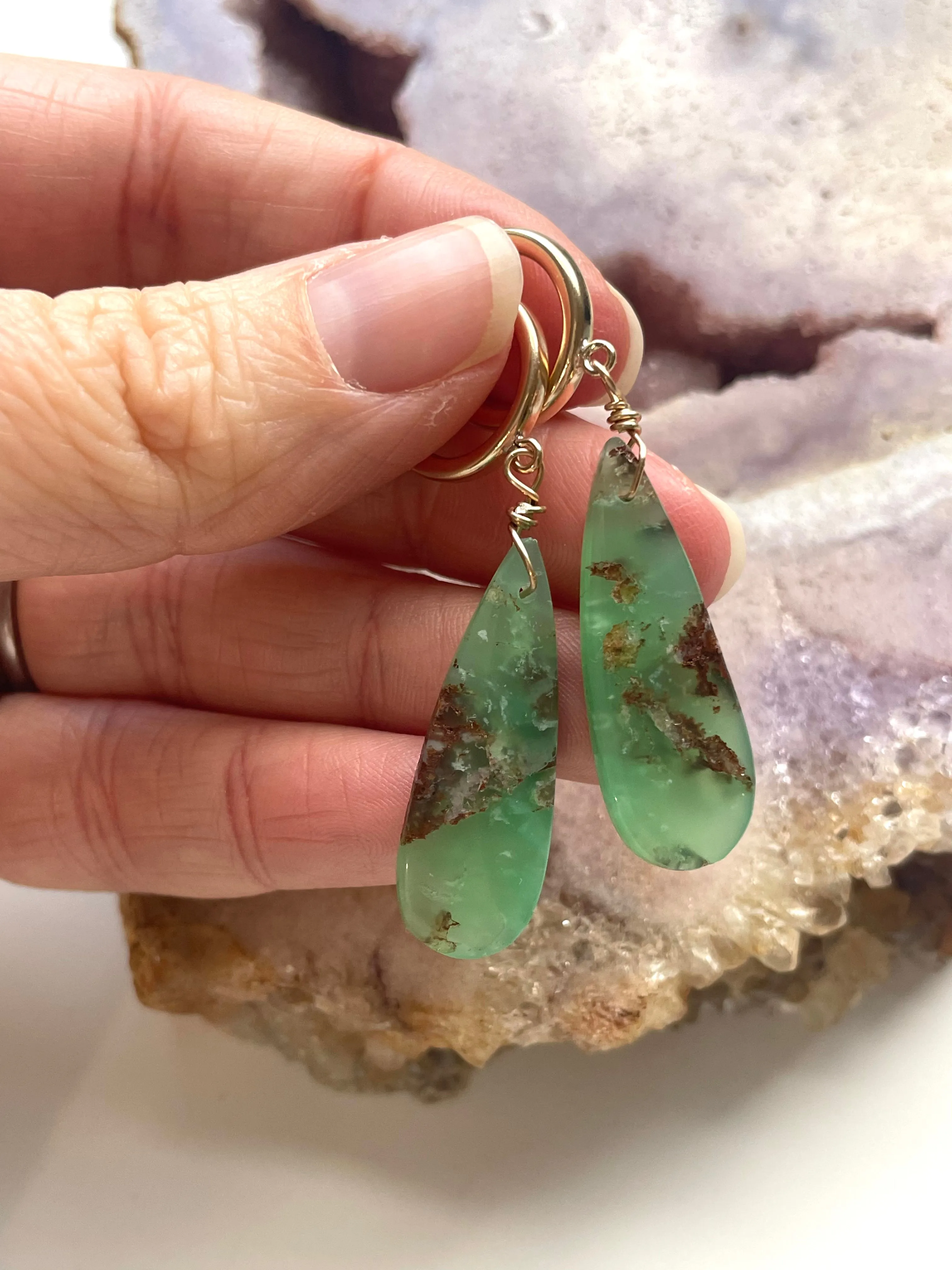 Chrysoprase Statement Hoop Earrings Gold Fill