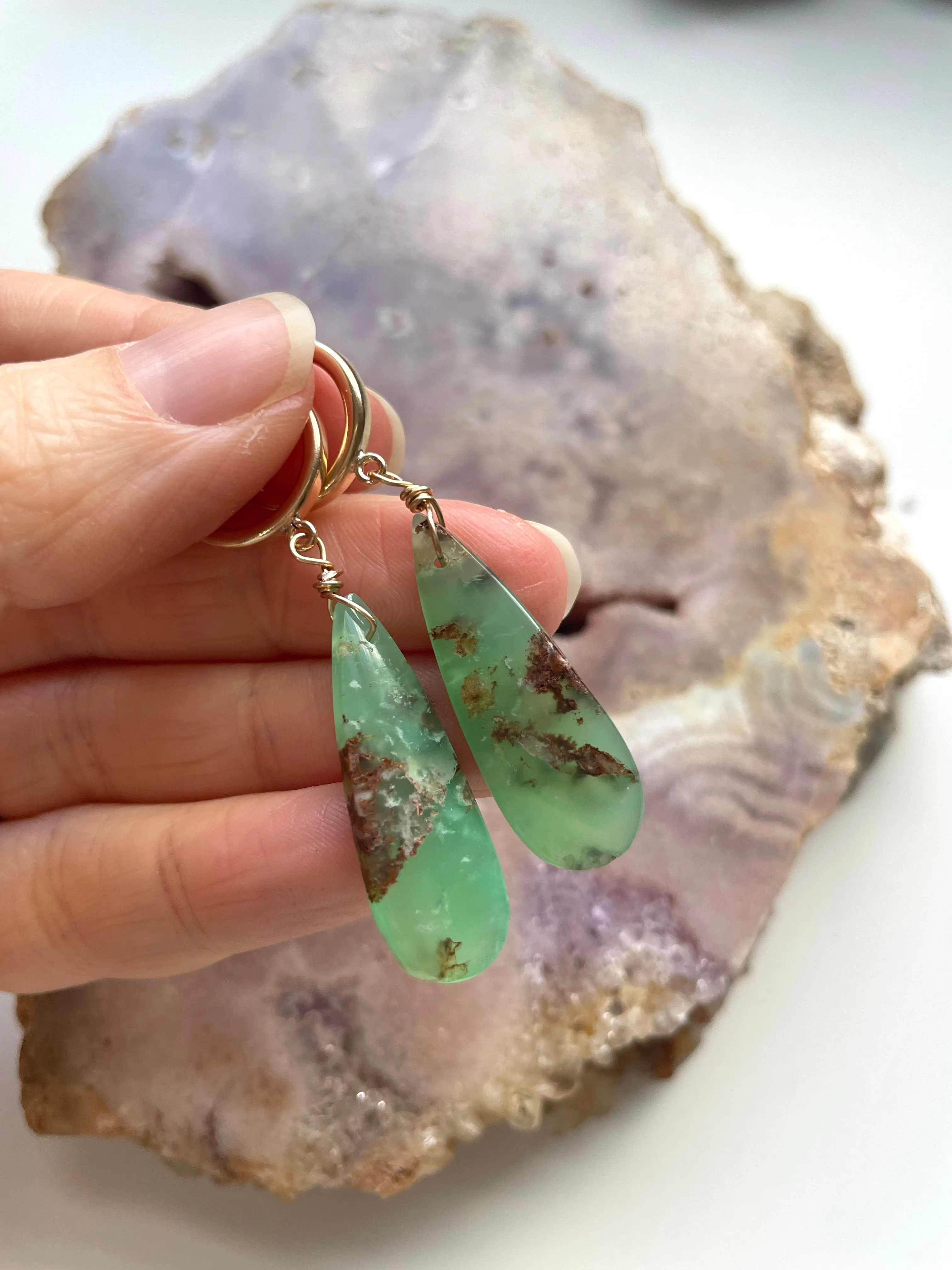 Chrysoprase Statement Hoop Earrings Gold Fill