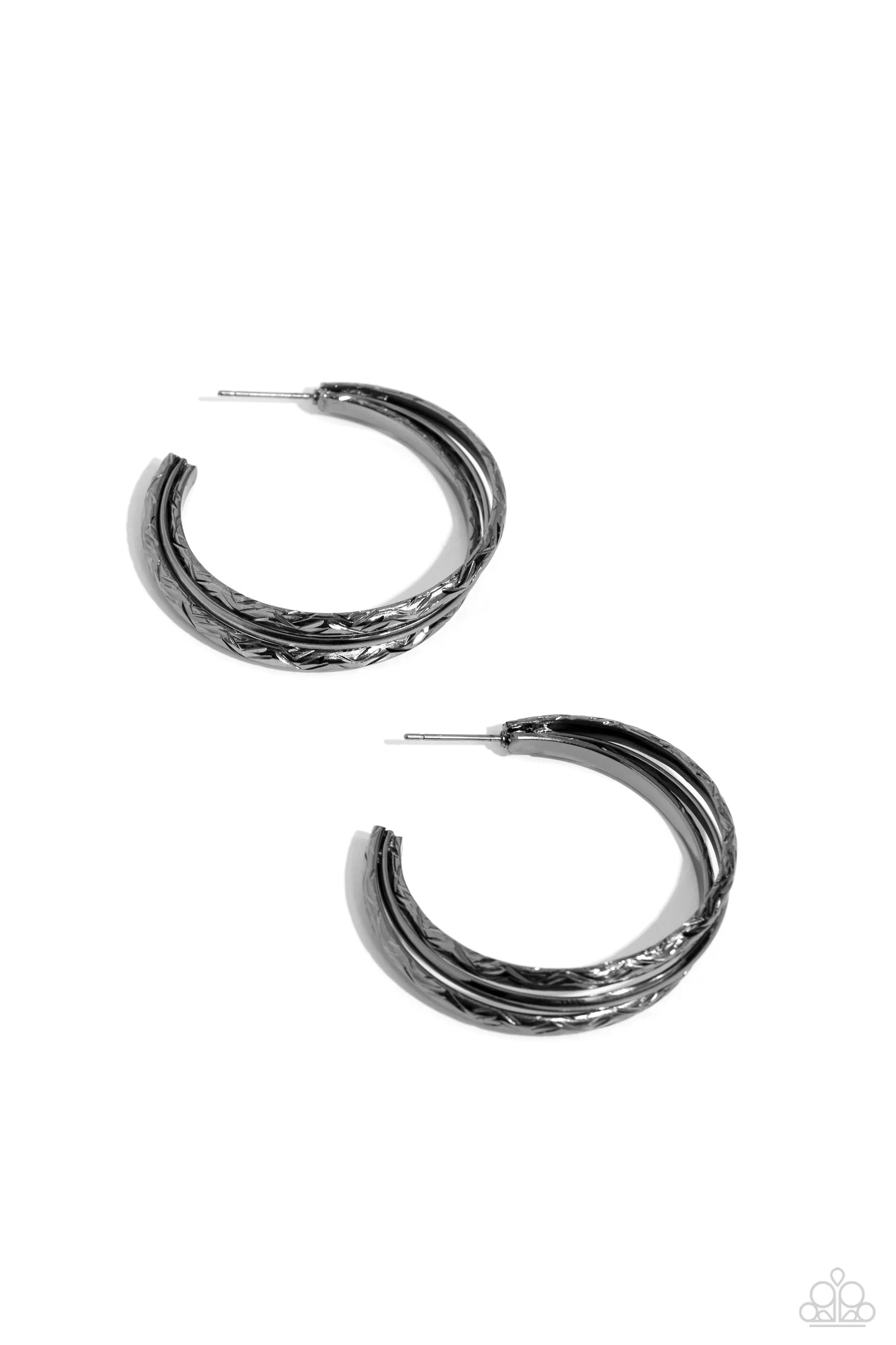 CONTOUR de Force - Black - Stamped Layered Gunmetal Paparazzi Hoop Earrings