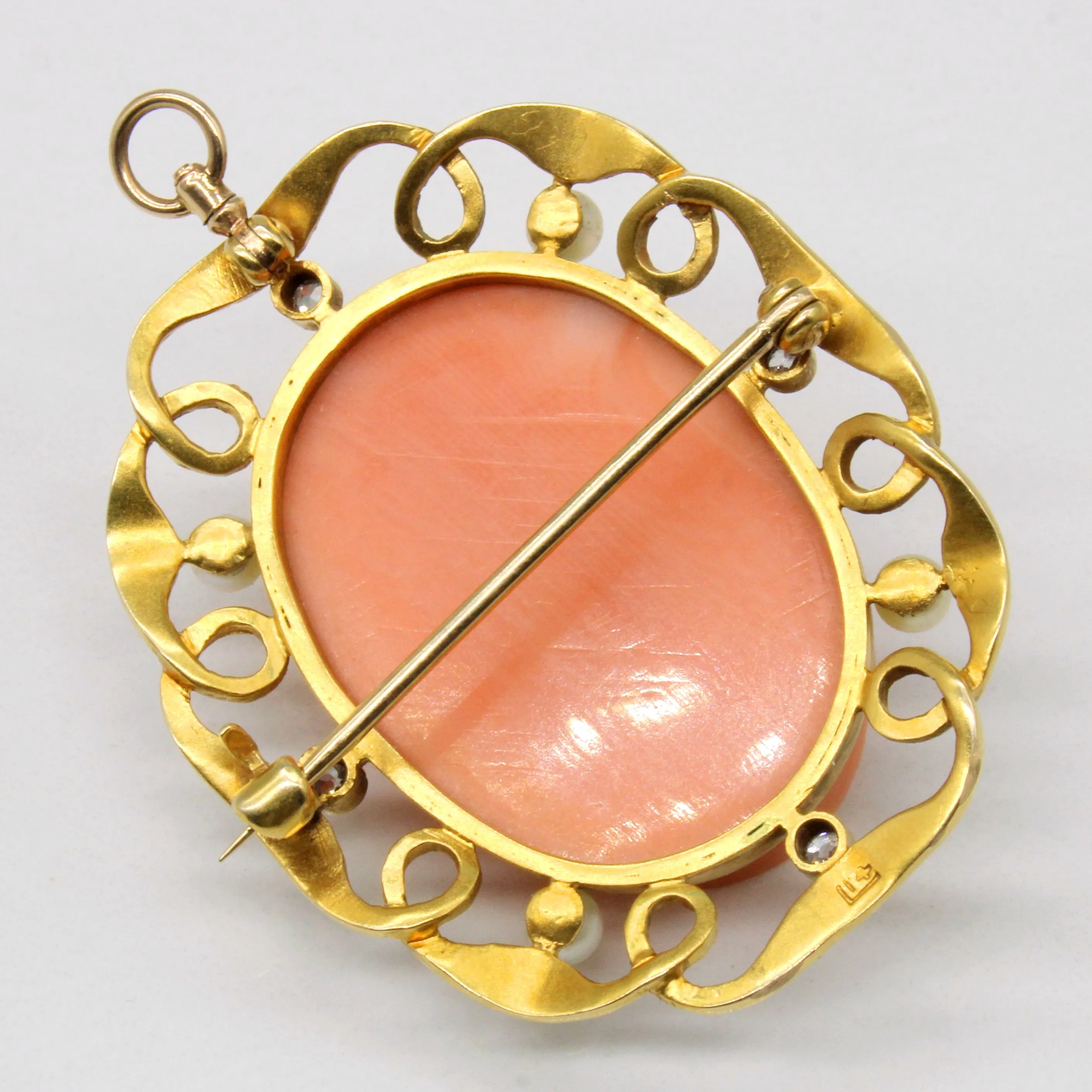 Coral Cameo with Pearls & Diamonds Brooch/Pendant | 30.00ct, 0.09ctw |