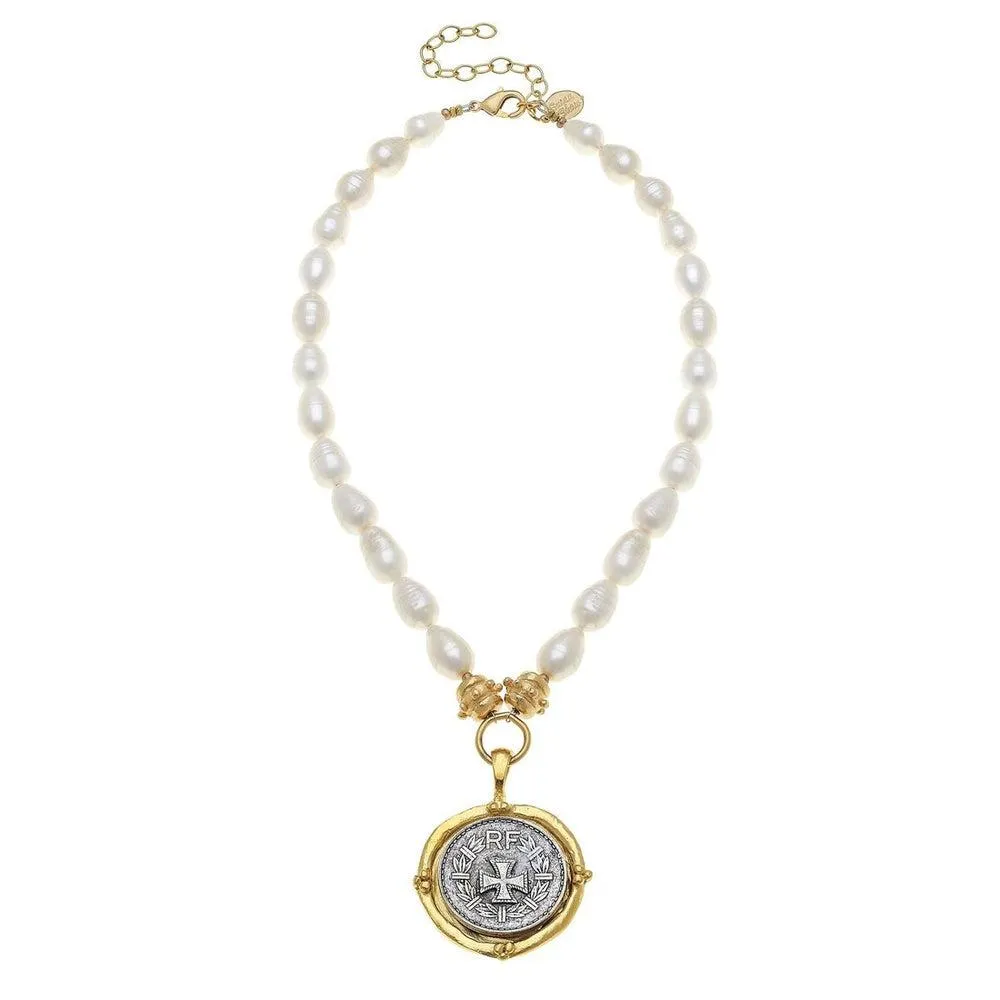 Cross Coin Pendant Necklace on Pearls