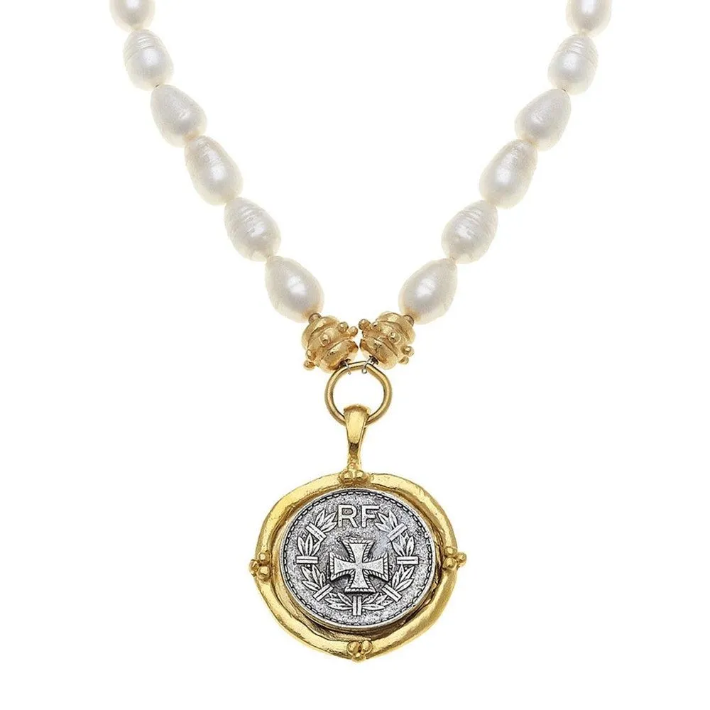 Cross Coin Pendant Necklace on Pearls