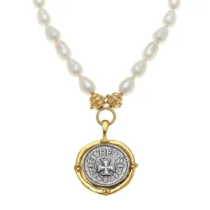 Cross Coin Pendant Necklace on Pearls