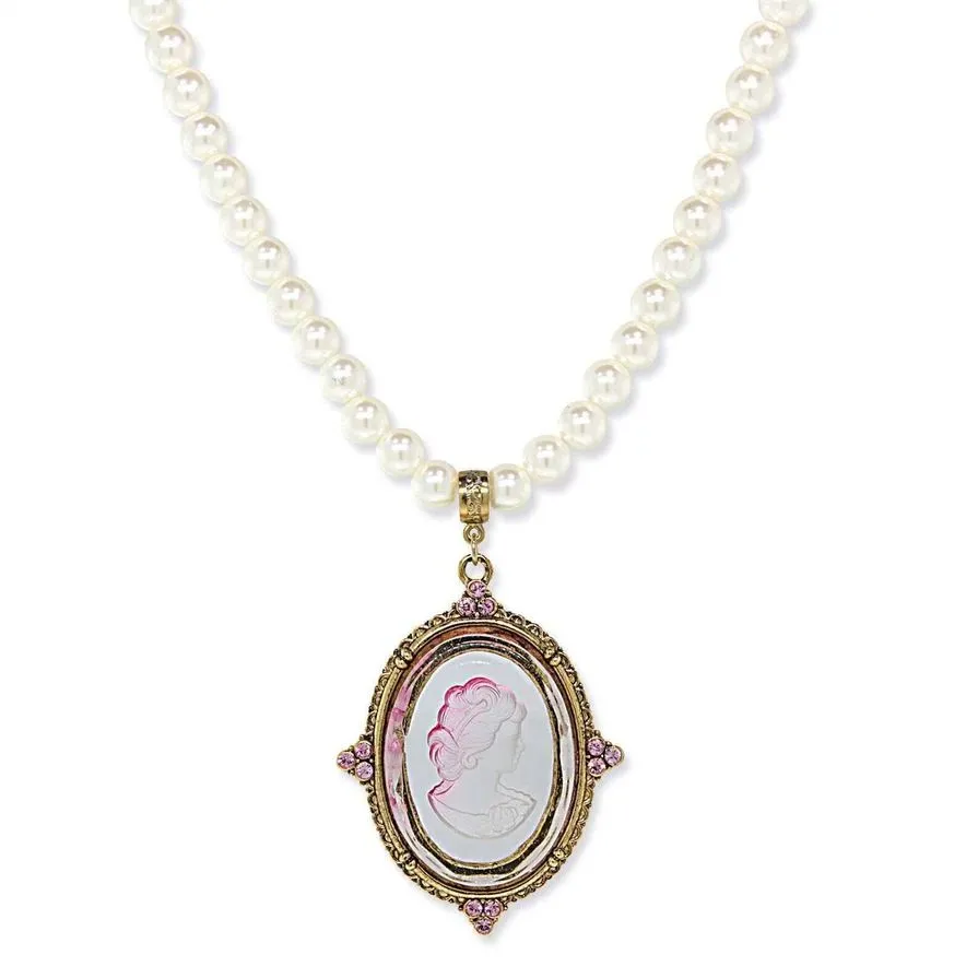 Crystal Oval Glass Intaglio 8mm Faux Pearl Strand Pendant Necklace 18"