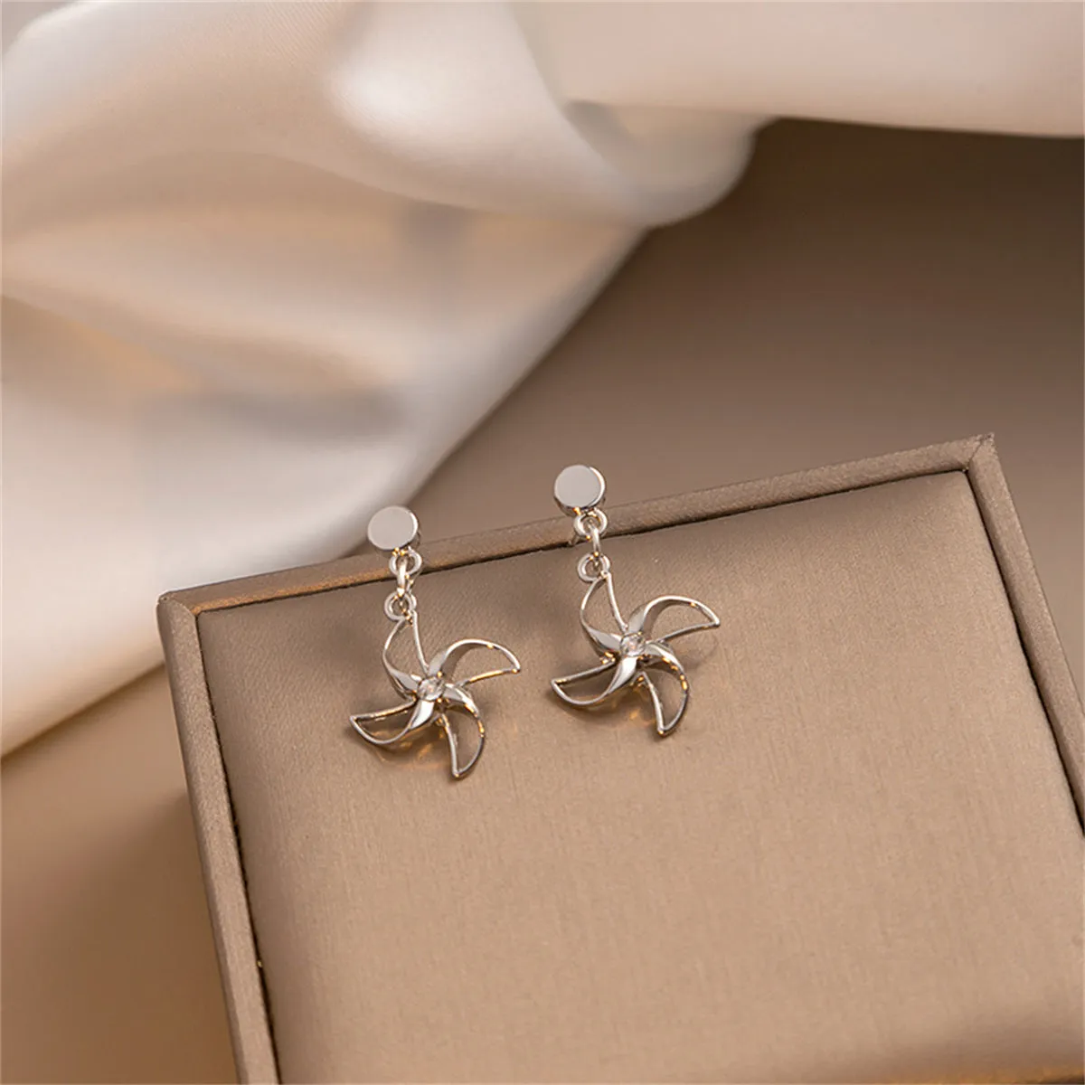 Cubic Zirconia & Silver-Plated Openwork Windmill Drop Earrings