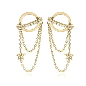 CZ Planet and Tiny Star Chain Drop Earrings