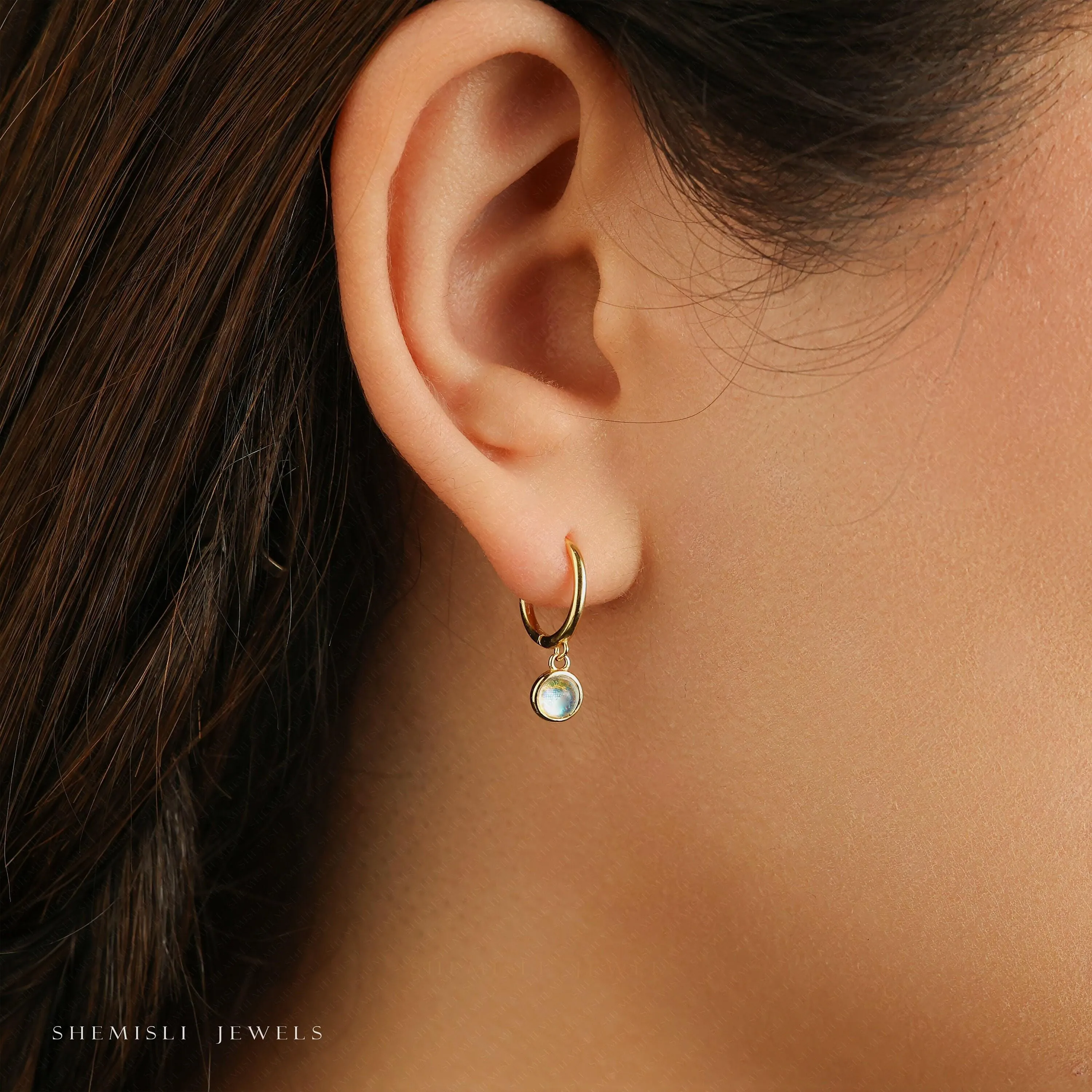 Dainty Moon Stone CZ Hoop Earring, Unisex, Gold, Silver SHEMISLI SH671