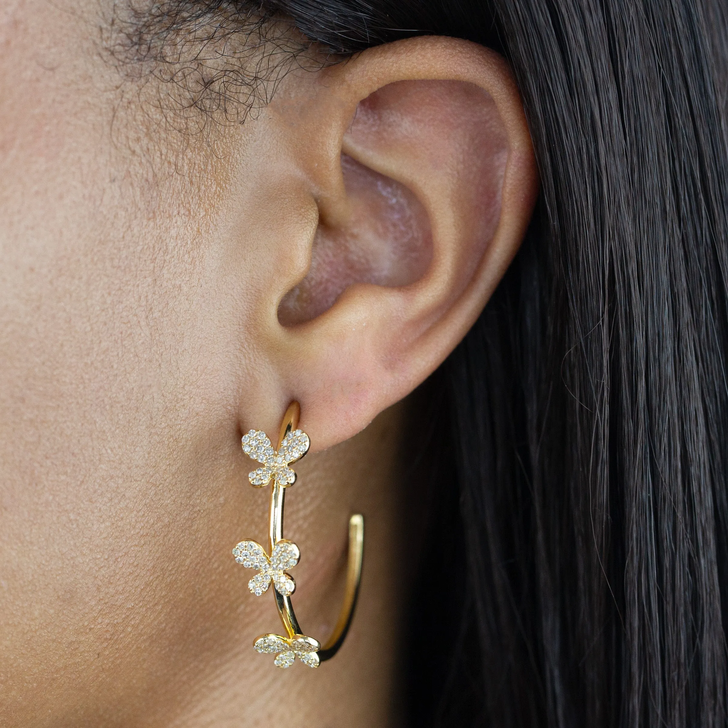 Diamond Triple Butterfly Hoop Earring 14K