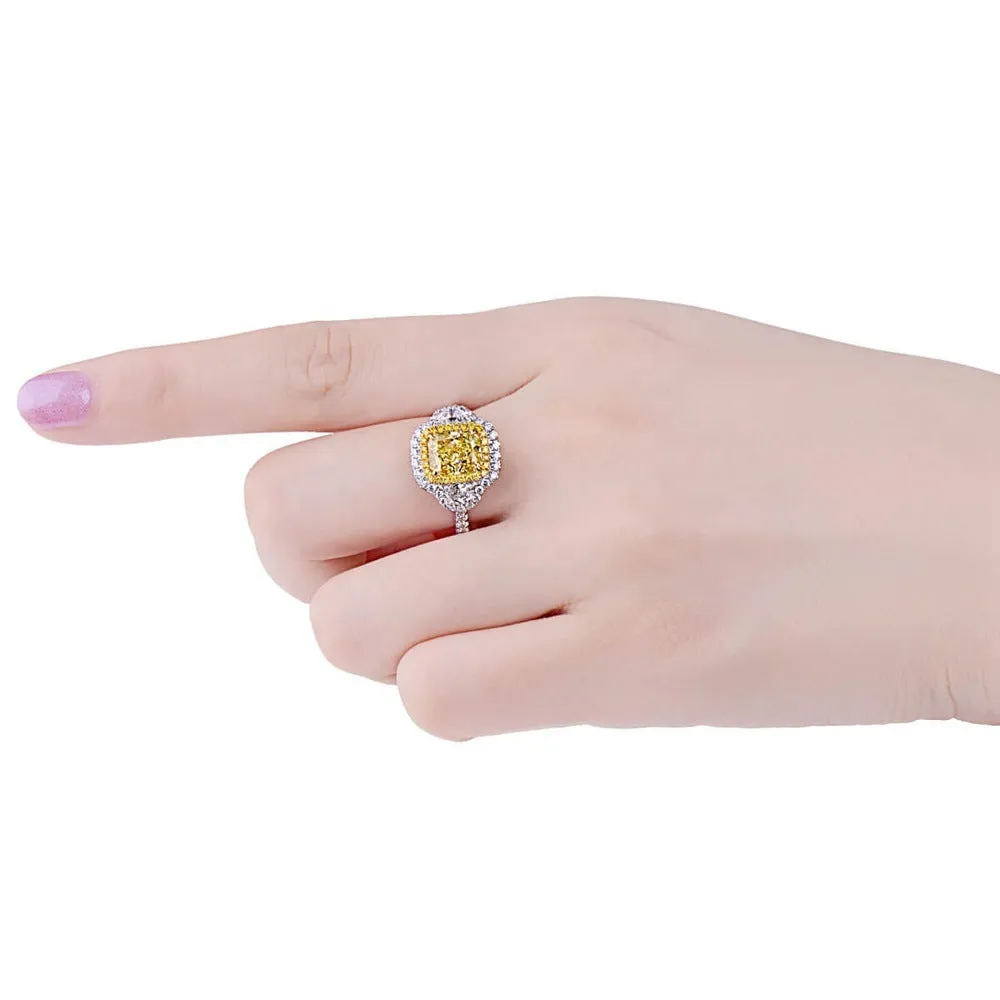 Double Halo Engagement Brilliant Yellow 8A Ice Cut Bicolor Ring
