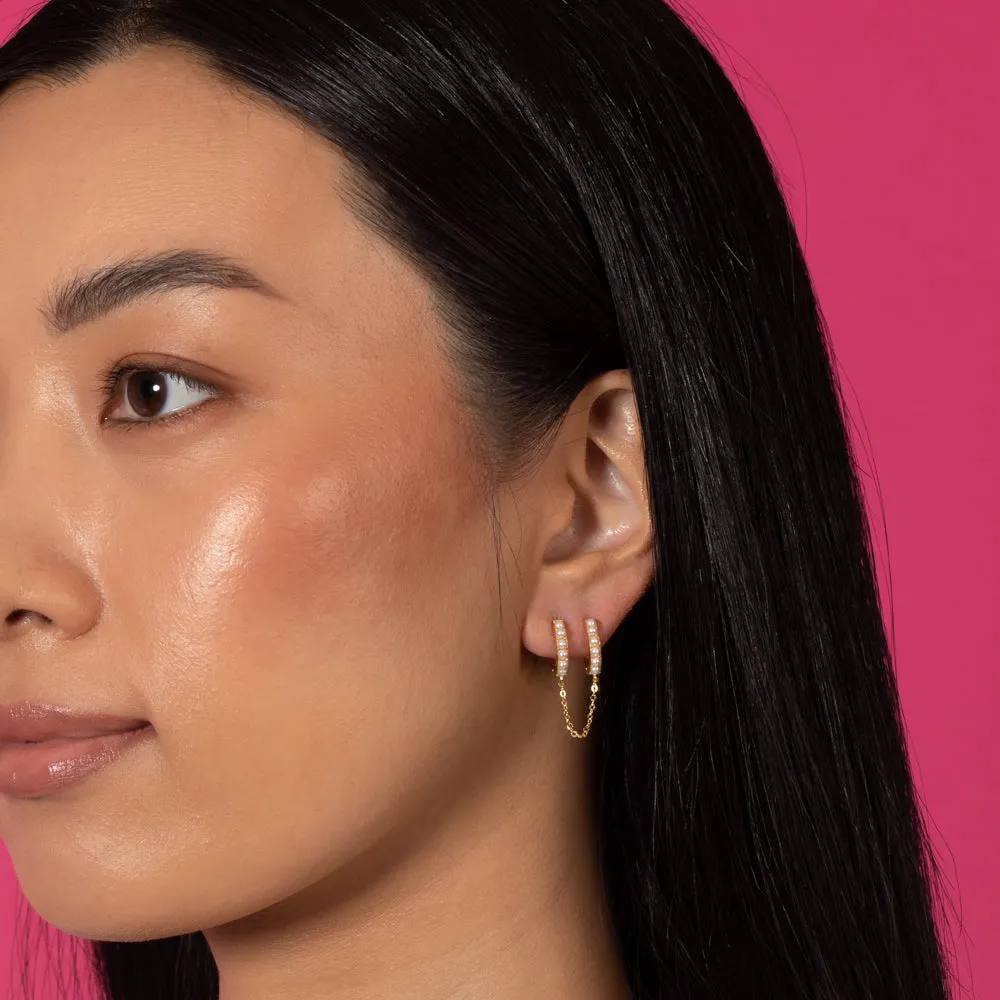 Double Pearl Chain Huggie Earring