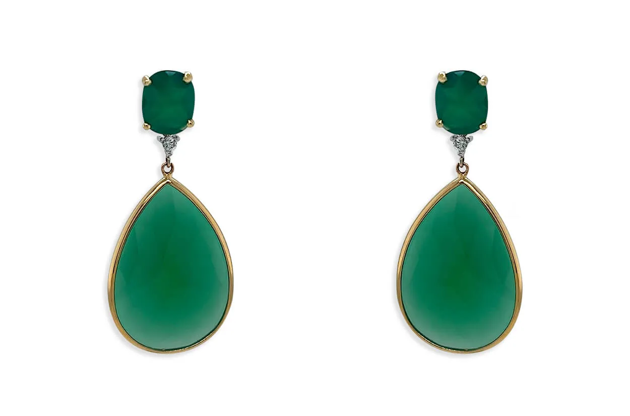 Earrings 14kt Gold Green Agates & Diamonds