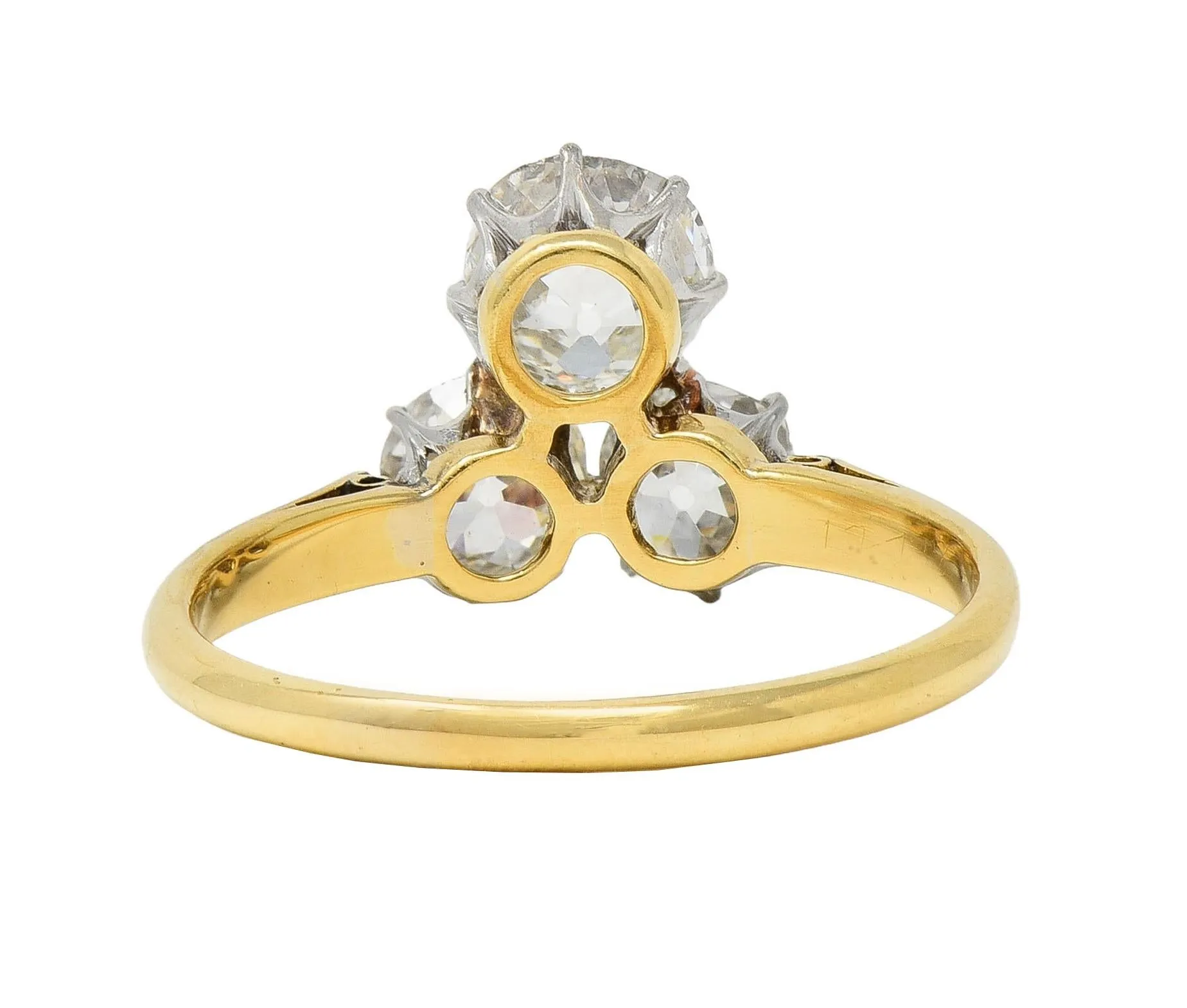Edwardian 2.55 CTW Old Mine Diamond Platinum 18 Karat Yellow Gold Antique Three Stone Ring