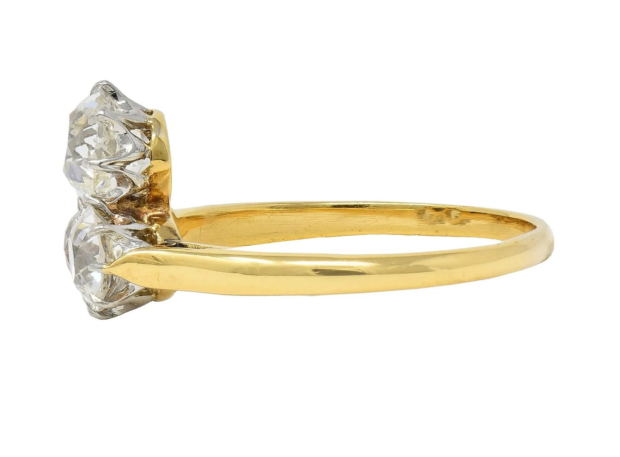 Edwardian 2.55 CTW Old Mine Diamond Platinum 18 Karat Yellow Gold Antique Three Stone Ring