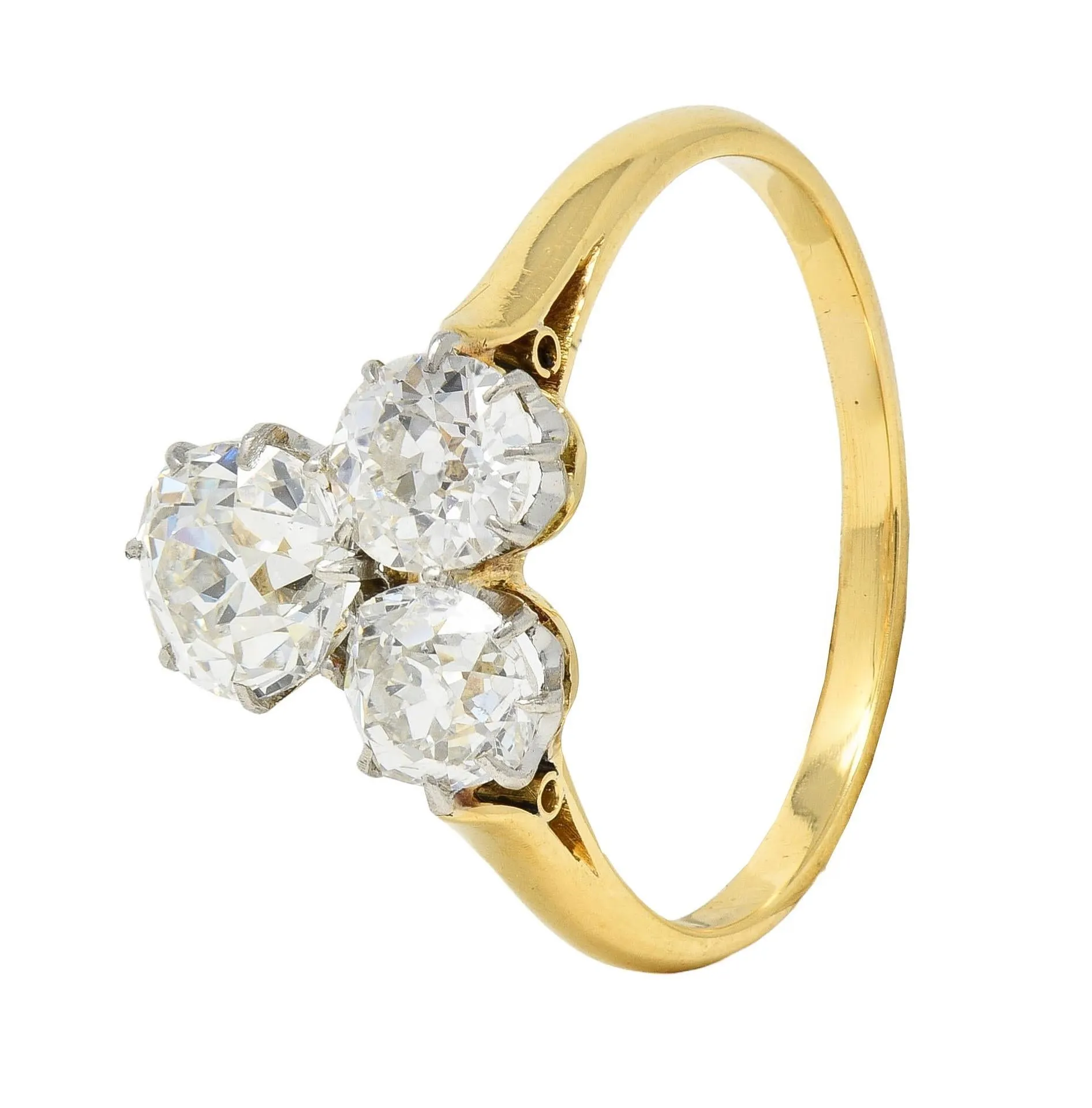 Edwardian 2.55 CTW Old Mine Diamond Platinum 18 Karat Yellow Gold Antique Three Stone Ring