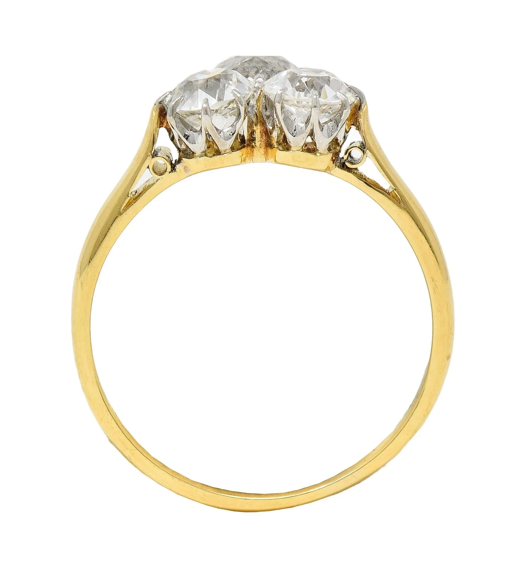 Edwardian 2.55 CTW Old Mine Diamond Platinum 18 Karat Yellow Gold Antique Three Stone Ring