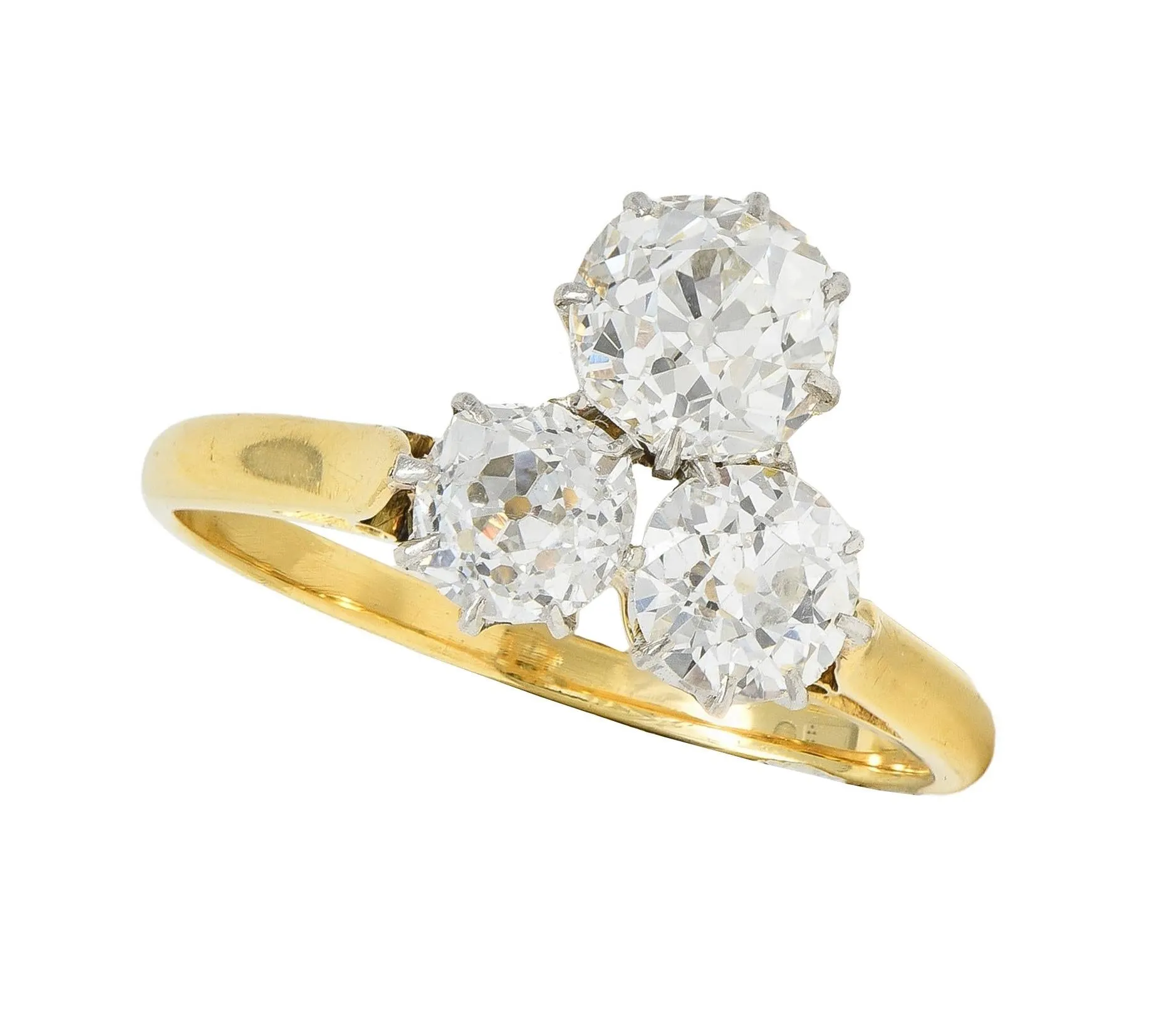 Edwardian 2.55 CTW Old Mine Diamond Platinum 18 Karat Yellow Gold Antique Three Stone Ring