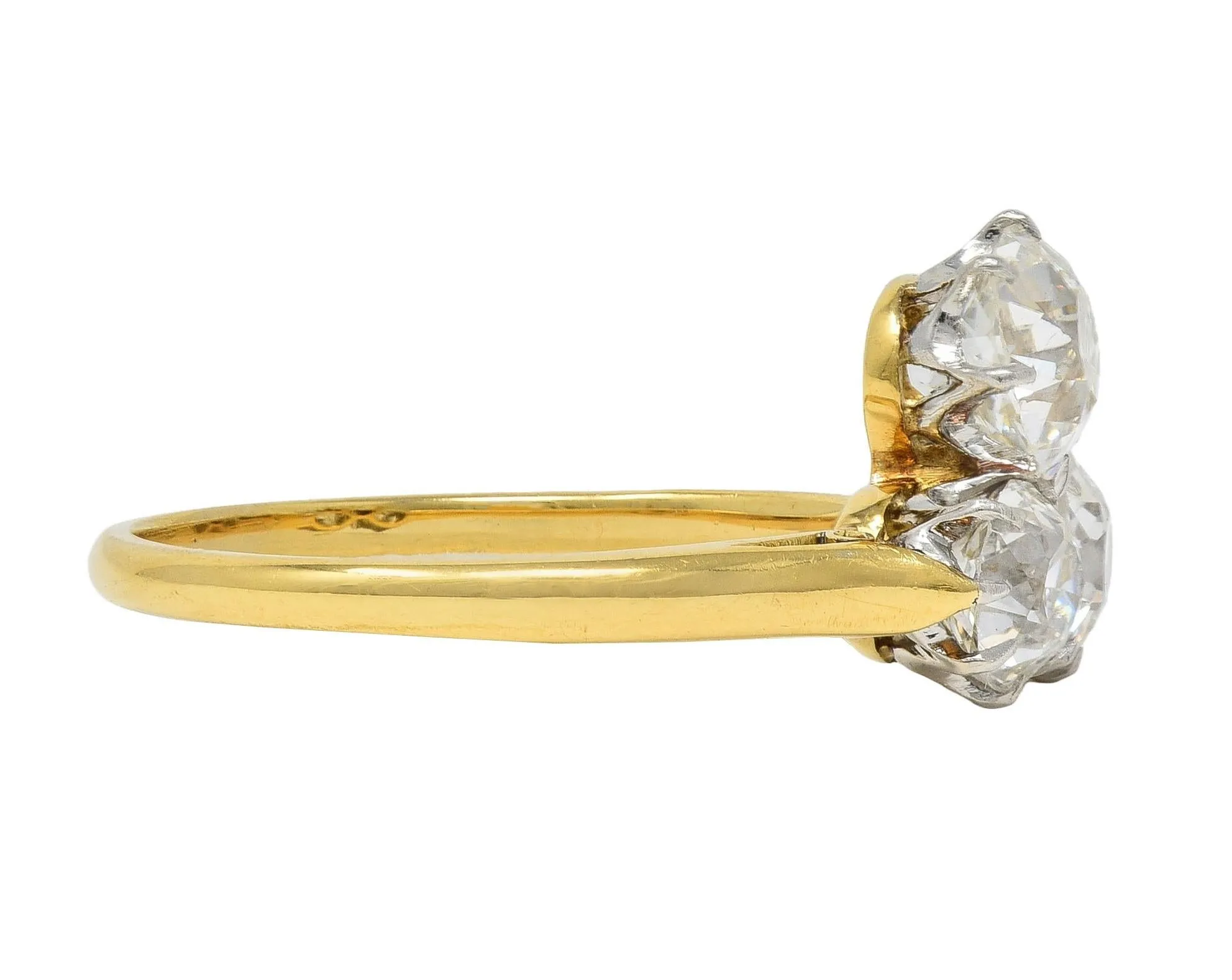 Edwardian 2.55 CTW Old Mine Diamond Platinum 18 Karat Yellow Gold Antique Three Stone Ring