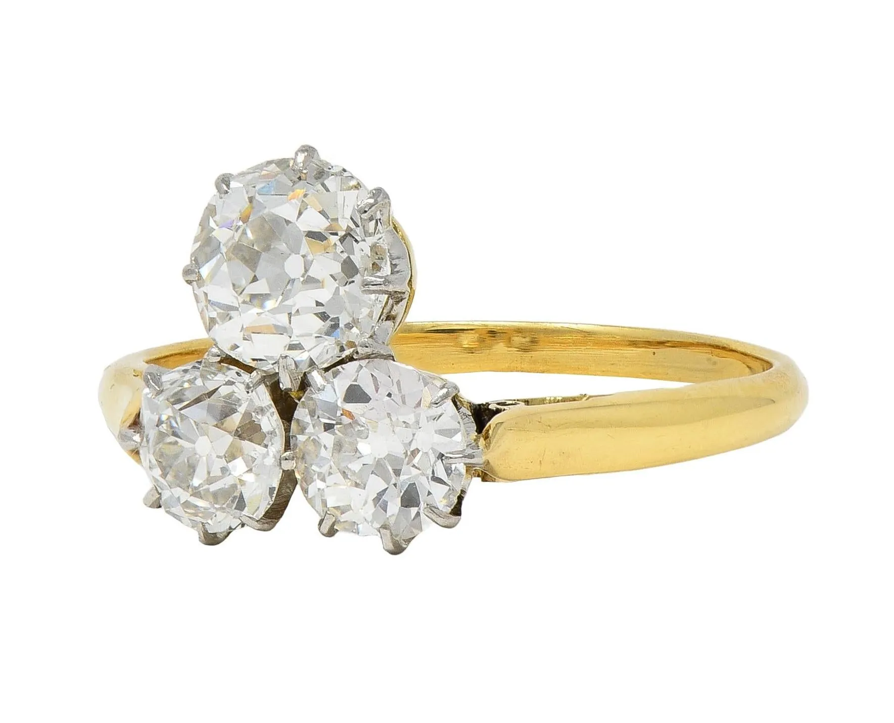 Edwardian 2.55 CTW Old Mine Diamond Platinum 18 Karat Yellow Gold Antique Three Stone Ring