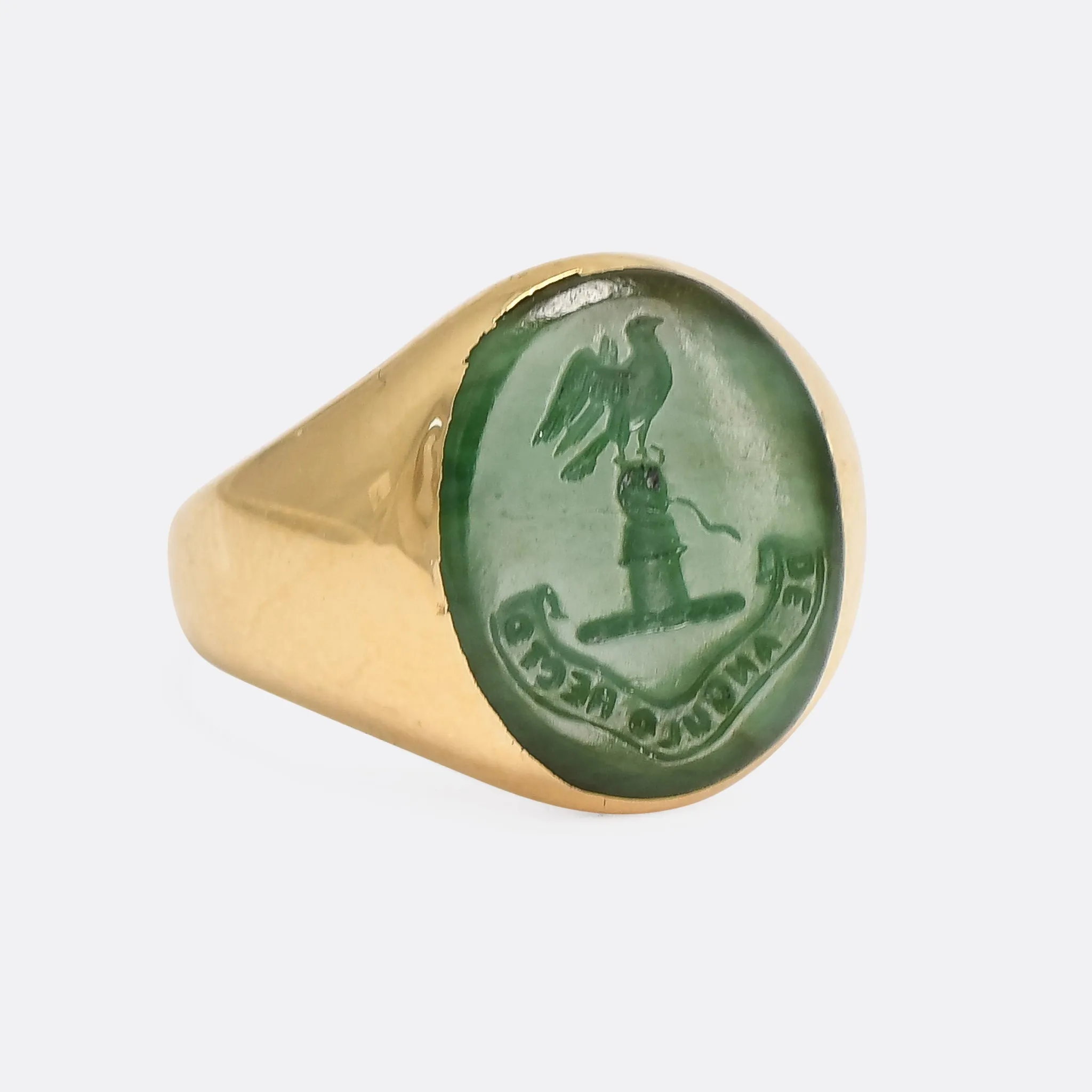 Edwardian Heraldic Jade Intaglio "The Right Angle" Signet Ring
