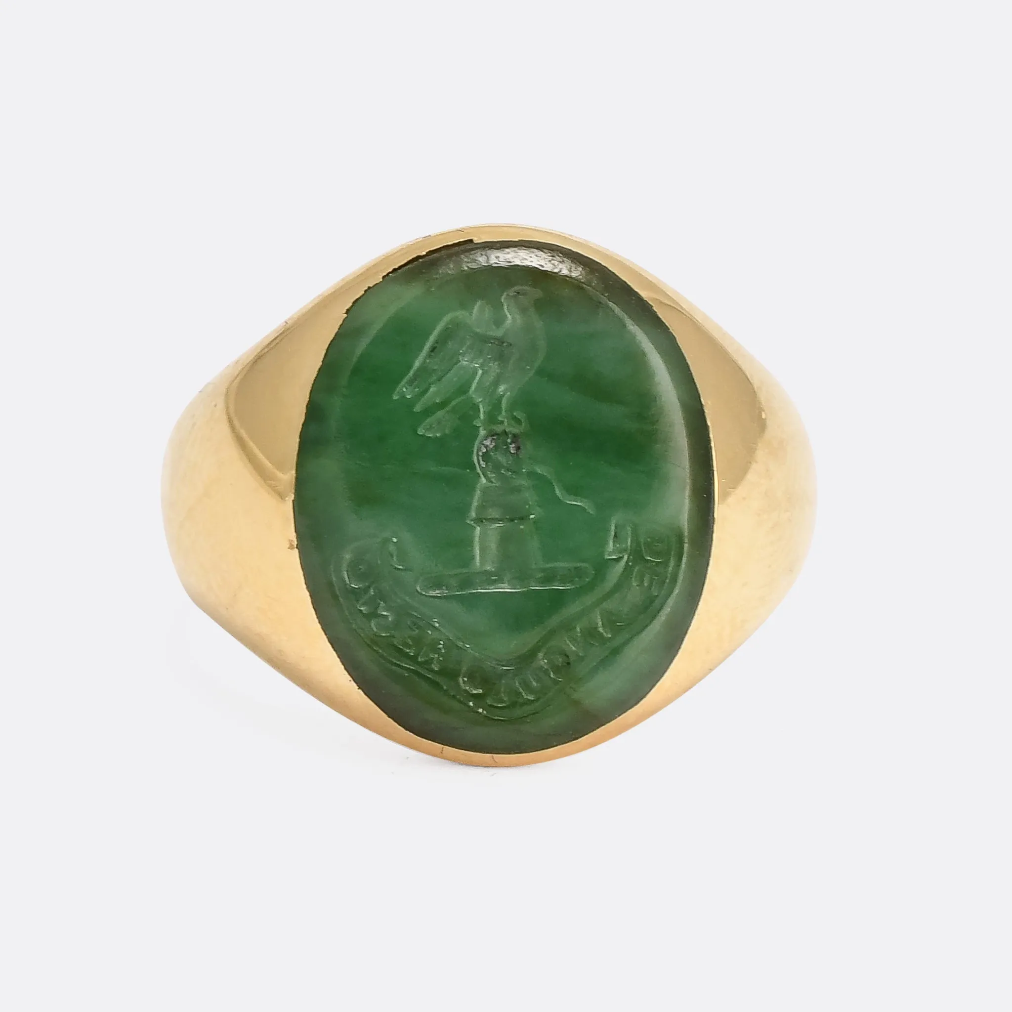 Edwardian Heraldic Jade Intaglio "The Right Angle" Signet Ring