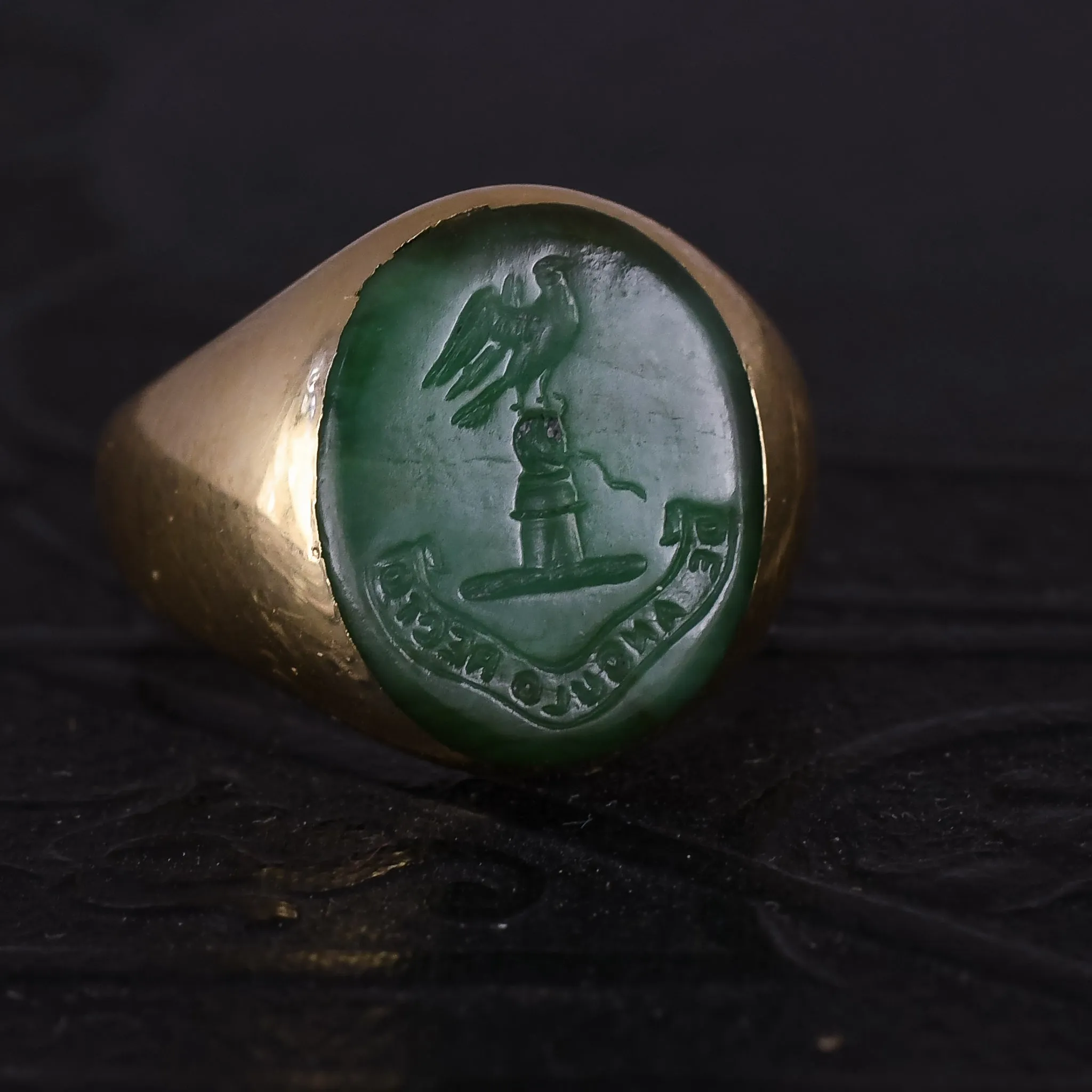 Edwardian Heraldic Jade Intaglio "The Right Angle" Signet Ring