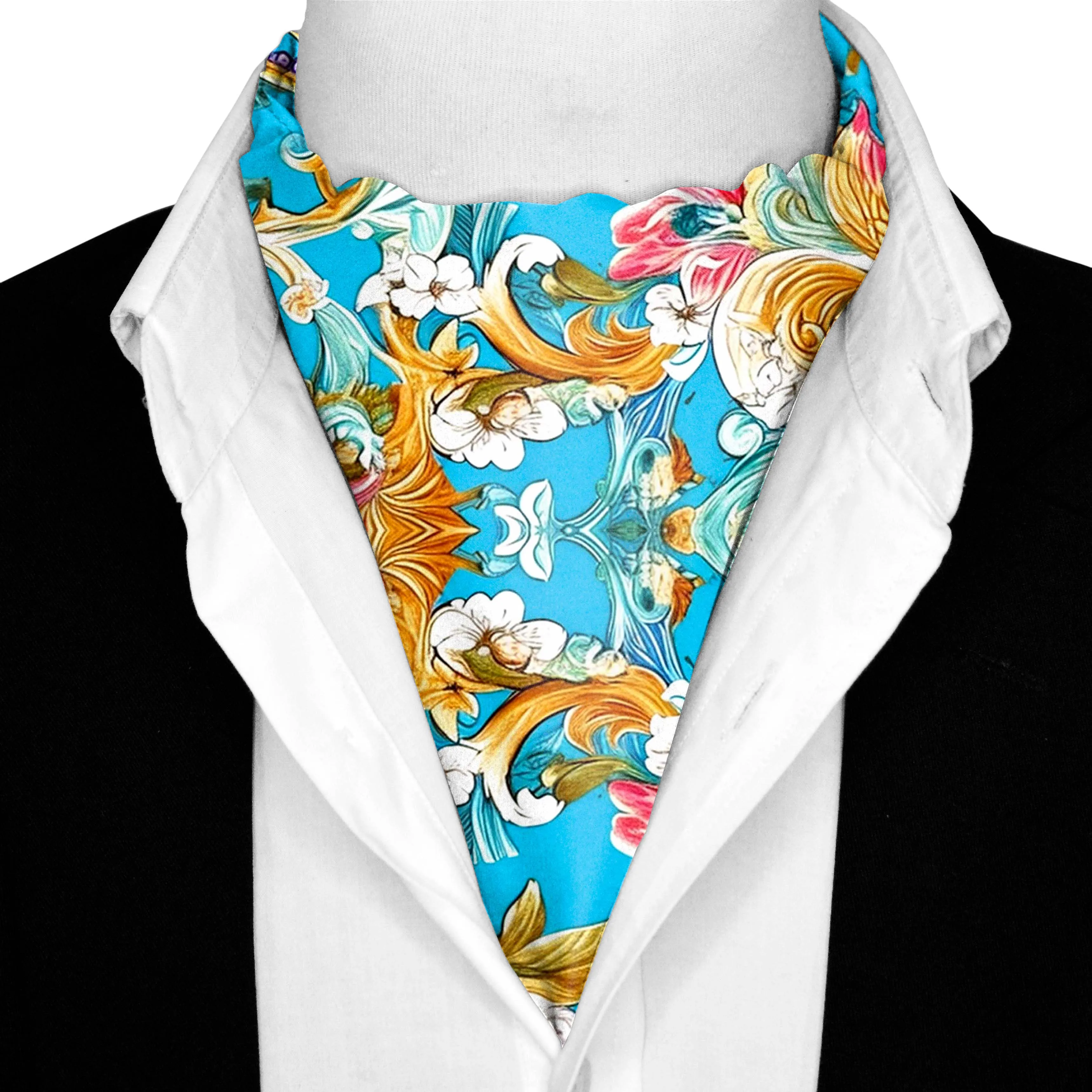 ELEGANCE COLORFUL FLORAL SILK ASCOT WITH LAPEL PIN AND POCKET SQUARE