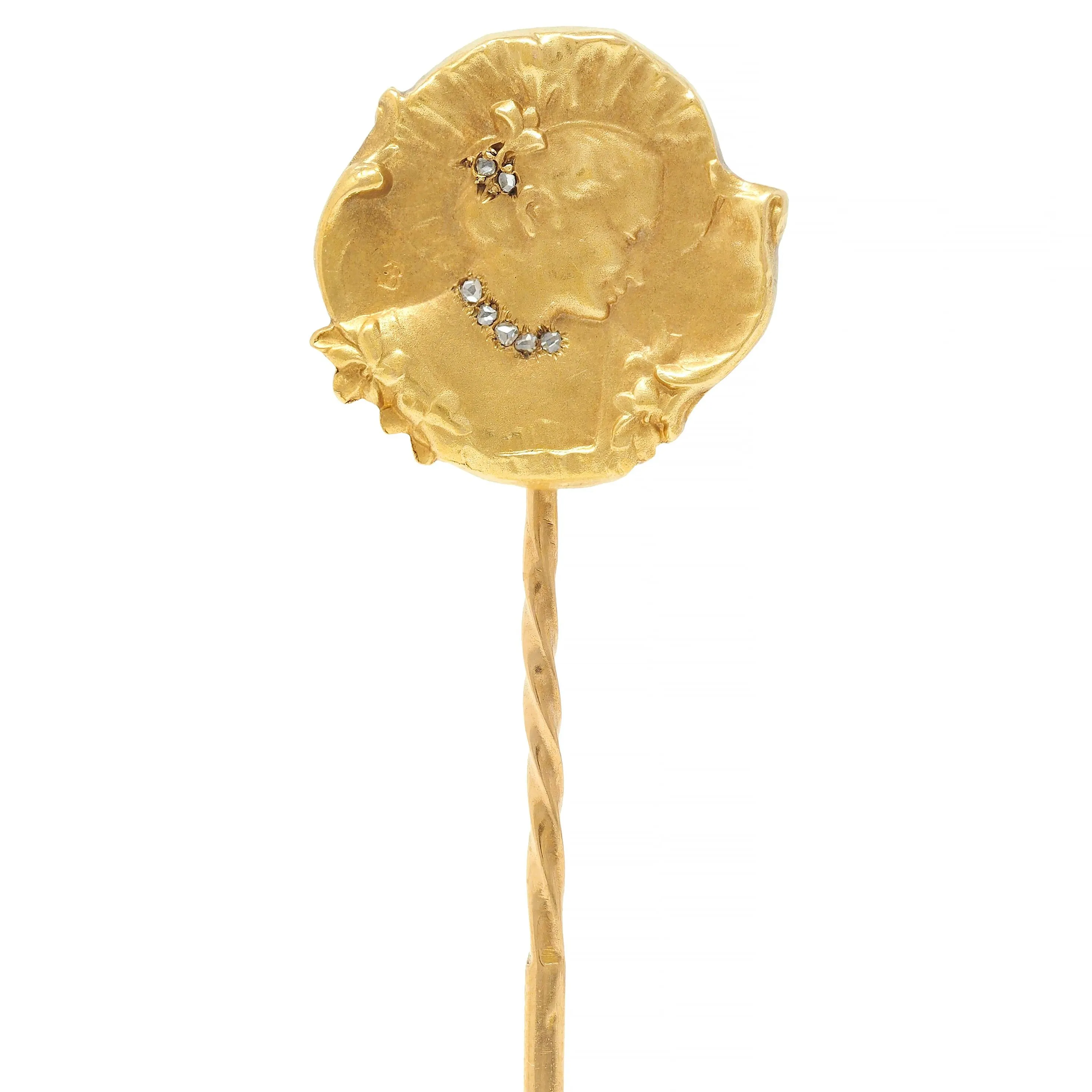 Epinay De Briort French Art Nouveau Diamond 18 Karat Yellow Gold Floral Lady Antique Stickpin