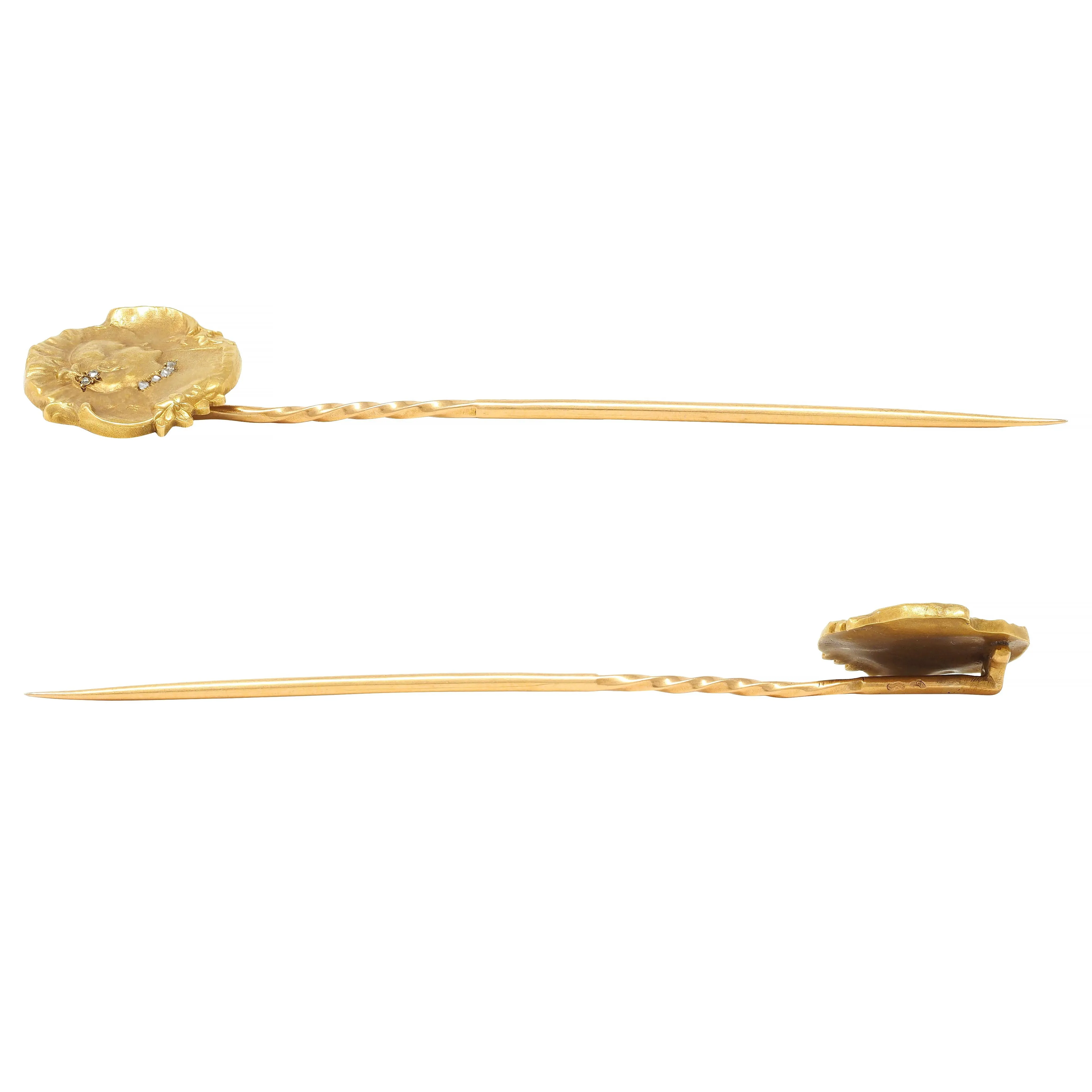 Epinay De Briort French Art Nouveau Diamond 18 Karat Yellow Gold Floral Lady Antique Stickpin