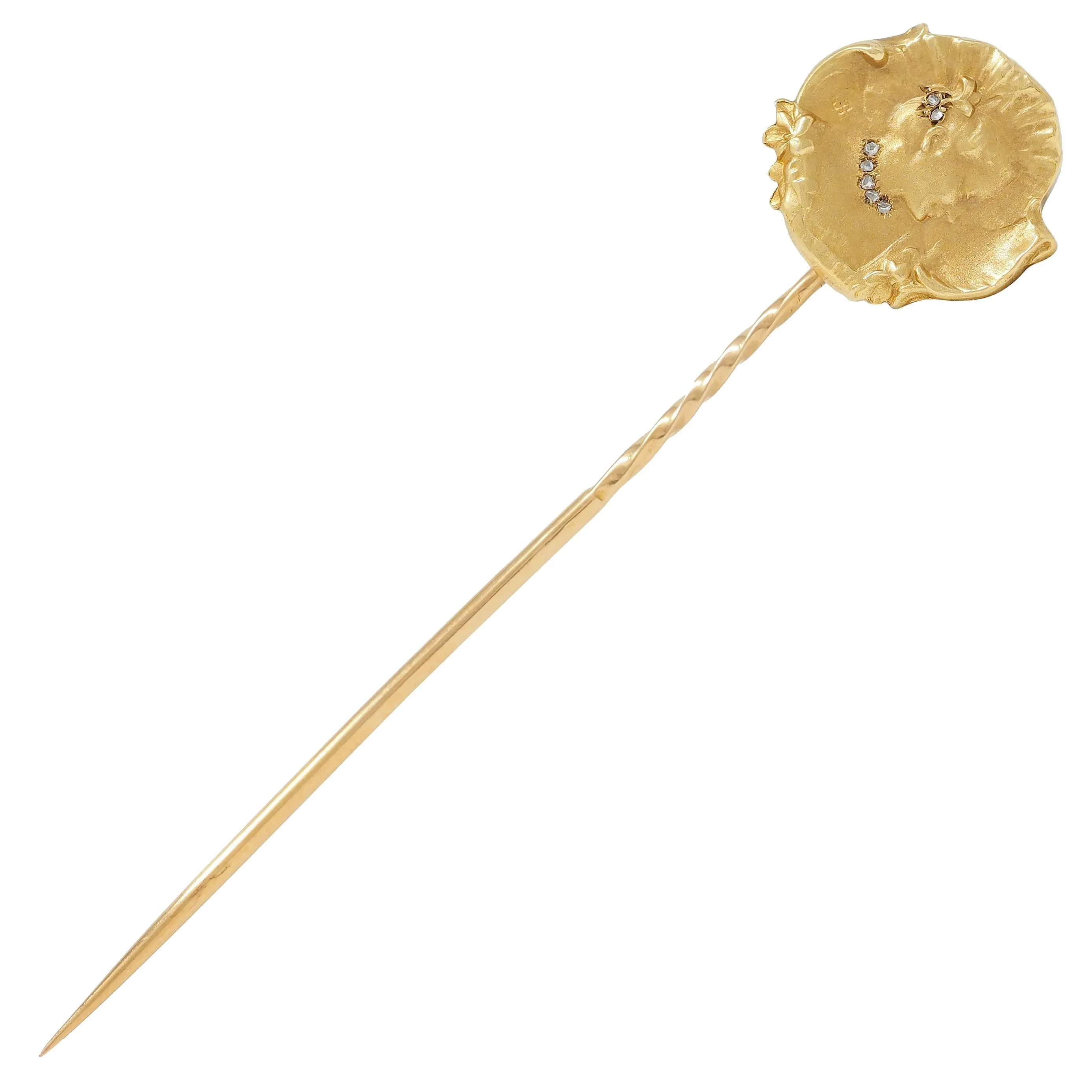 Epinay De Briort French Art Nouveau Diamond 18 Karat Yellow Gold Floral Lady Antique Stickpin