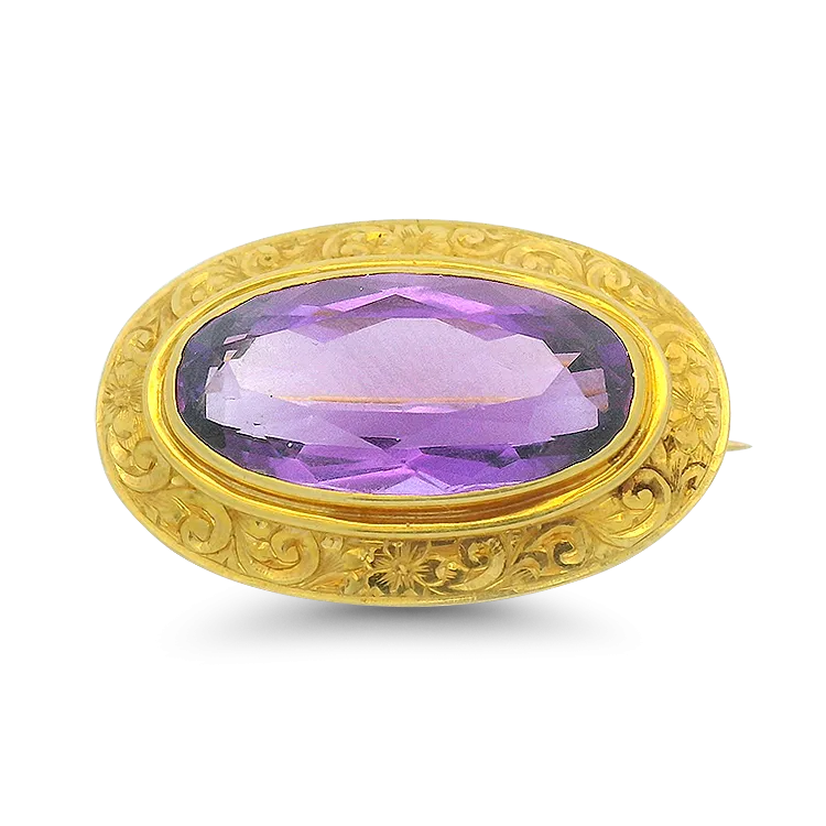 Estate 14k Yellow Gold Engraved Oval Amethyst Brooch