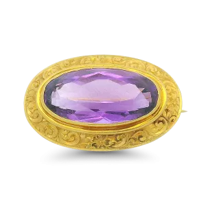 Estate 14k Yellow Gold Engraved Oval Amethyst Brooch