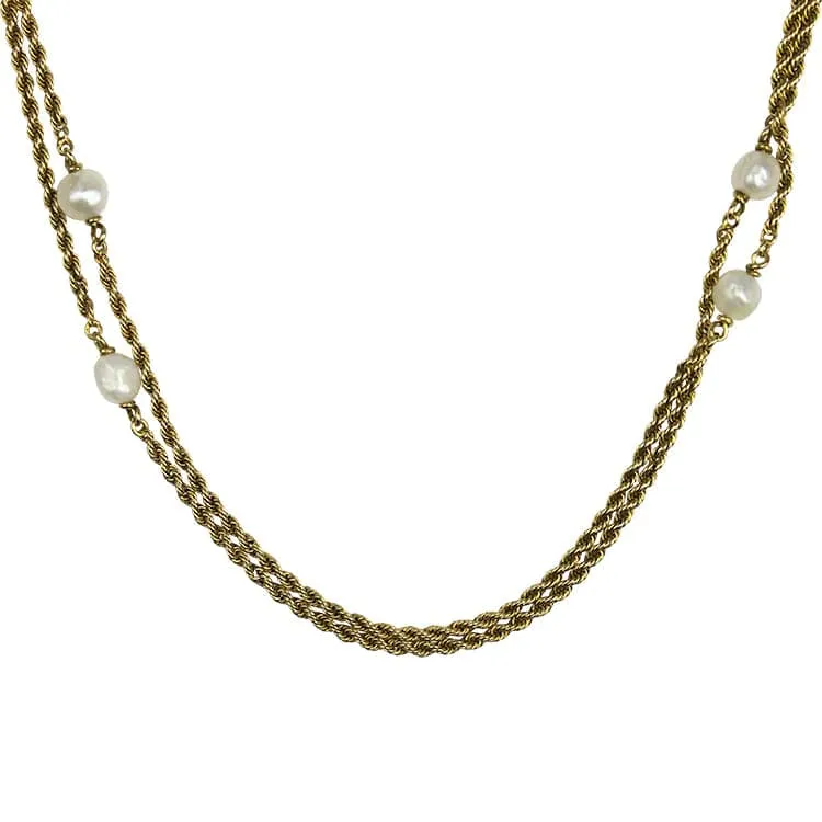 Estate 14k Yellow Gold Pearl Stations 56" Rope Chain Necklace