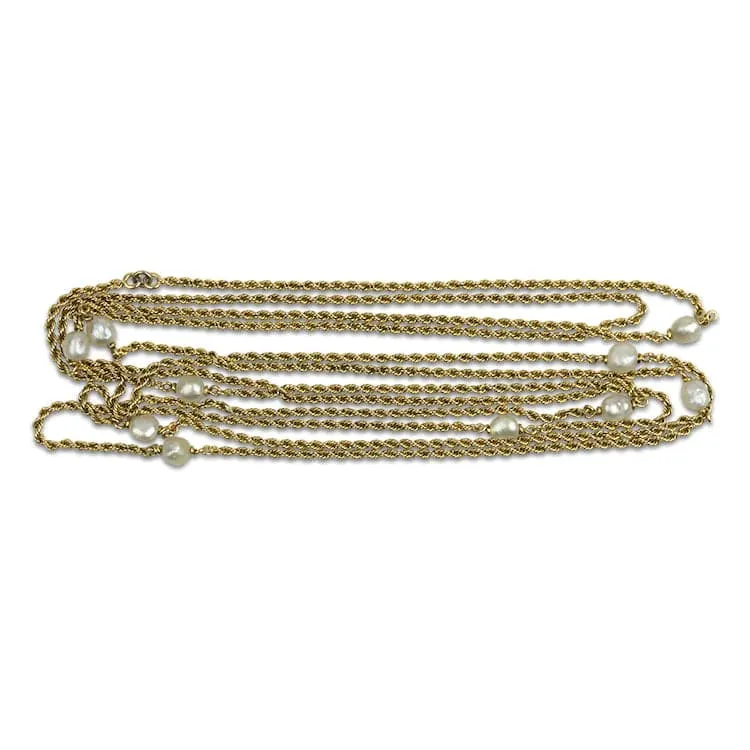 Estate 14k Yellow Gold Pearl Stations 56" Rope Chain Necklace