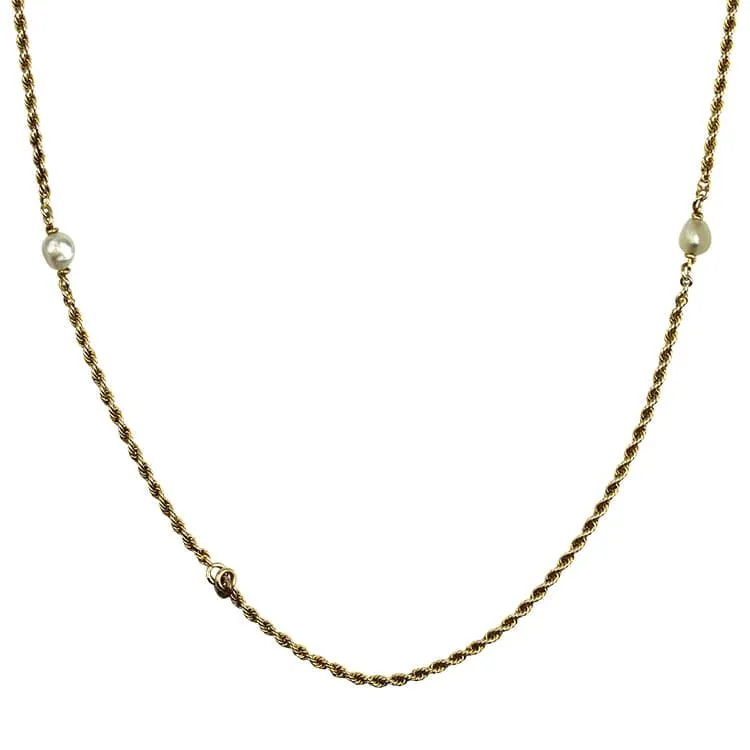 Estate 14k Yellow Gold Pearl Stations 56" Rope Chain Necklace