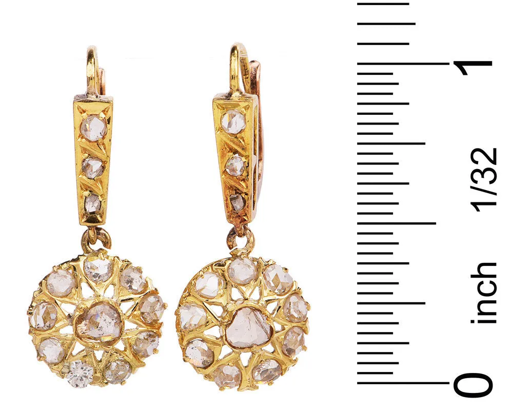 Estate 18K Yellow Gold and Rose Cut Diamond Starburst Drop Earrings