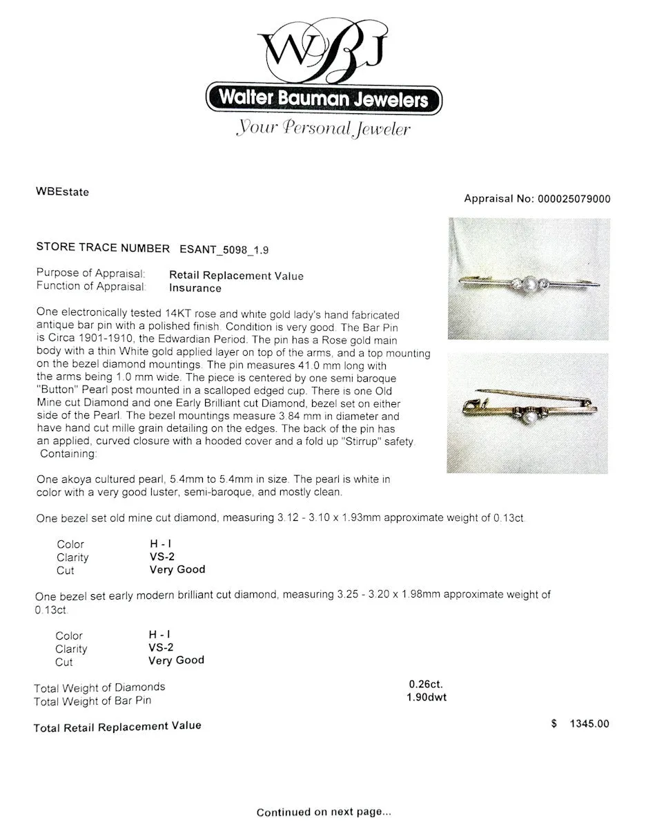 Estate Edwardian 14K R Gold Pearl & 0.26ctw Diamond Pin