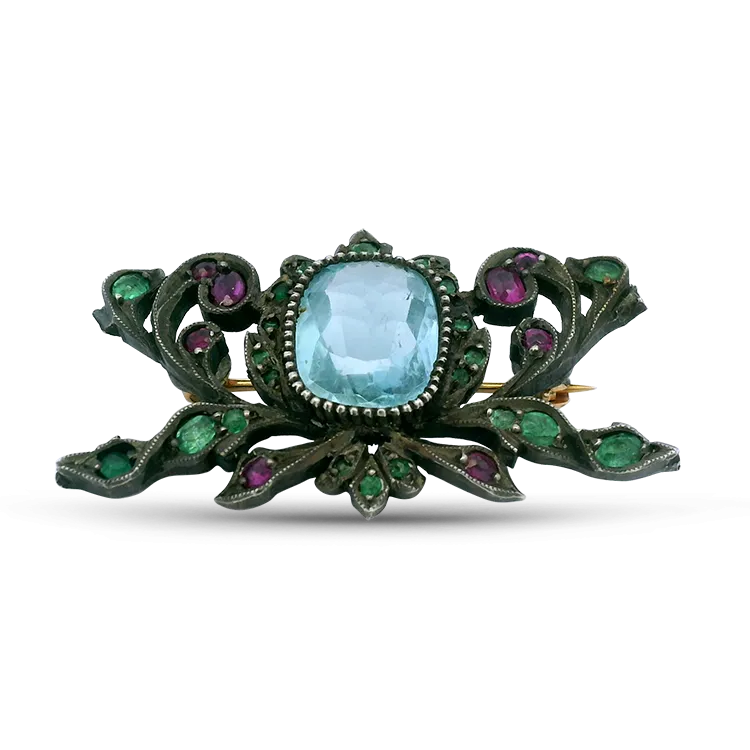 Estate Sterling Silver and 14k Yellow Gold Georgian Multi-Gemstone Brooch