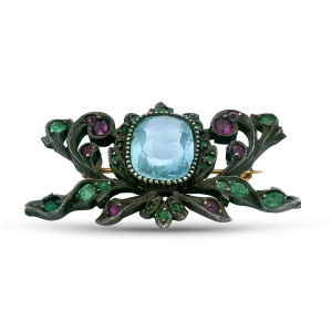 Estate Sterling Silver and 14k Yellow Gold Georgian Multi-Gemstone Brooch