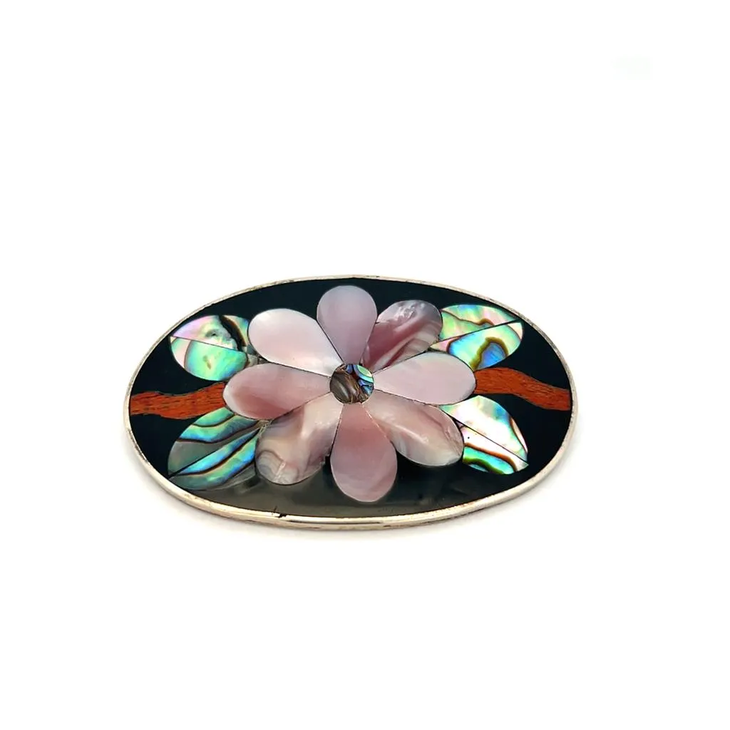 Estate Sterling Silver Mother of Pearl, Abalone, & Wood Inlay Flower Brooch