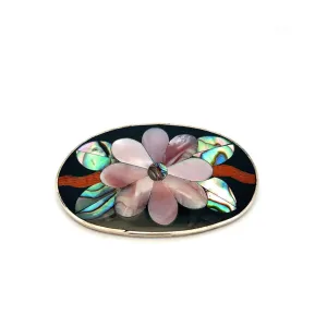 Estate Sterling Silver Mother of Pearl, Abalone, & Wood Inlay Flower Brooch
