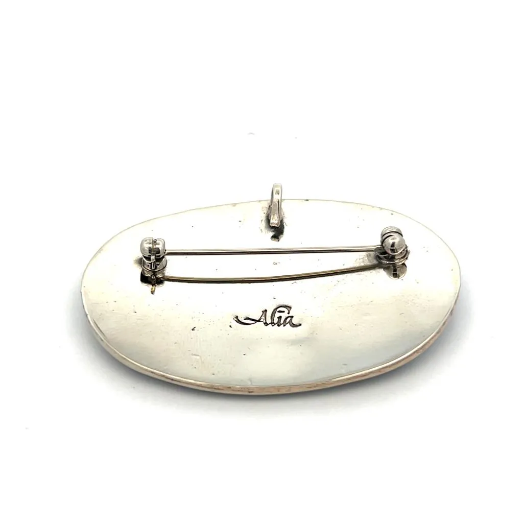 Estate Sterling Silver Mother of Pearl, Abalone, & Wood Inlay Flower Brooch