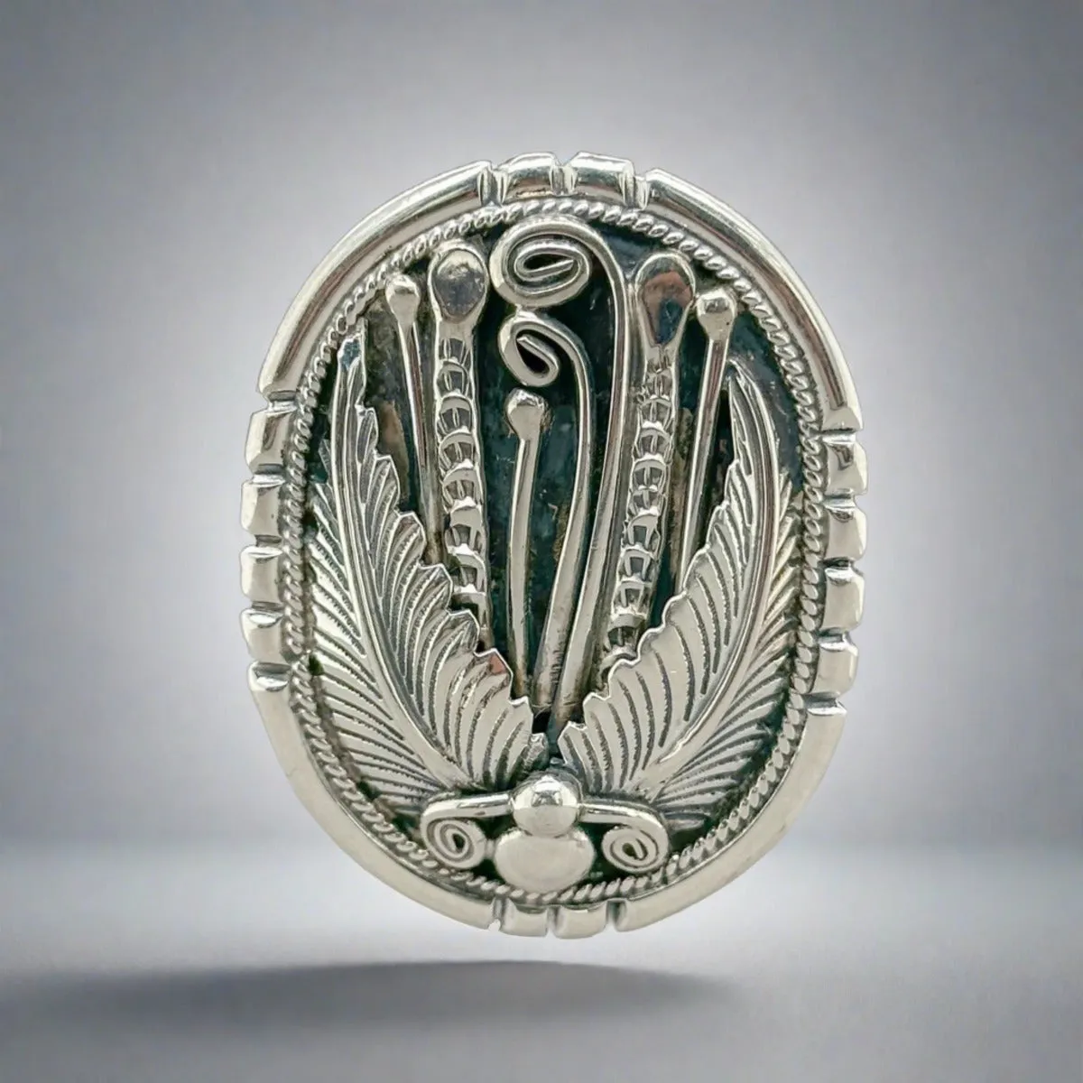 Estate Yazzie SS handcrafted oval Floral Pendant / Pin