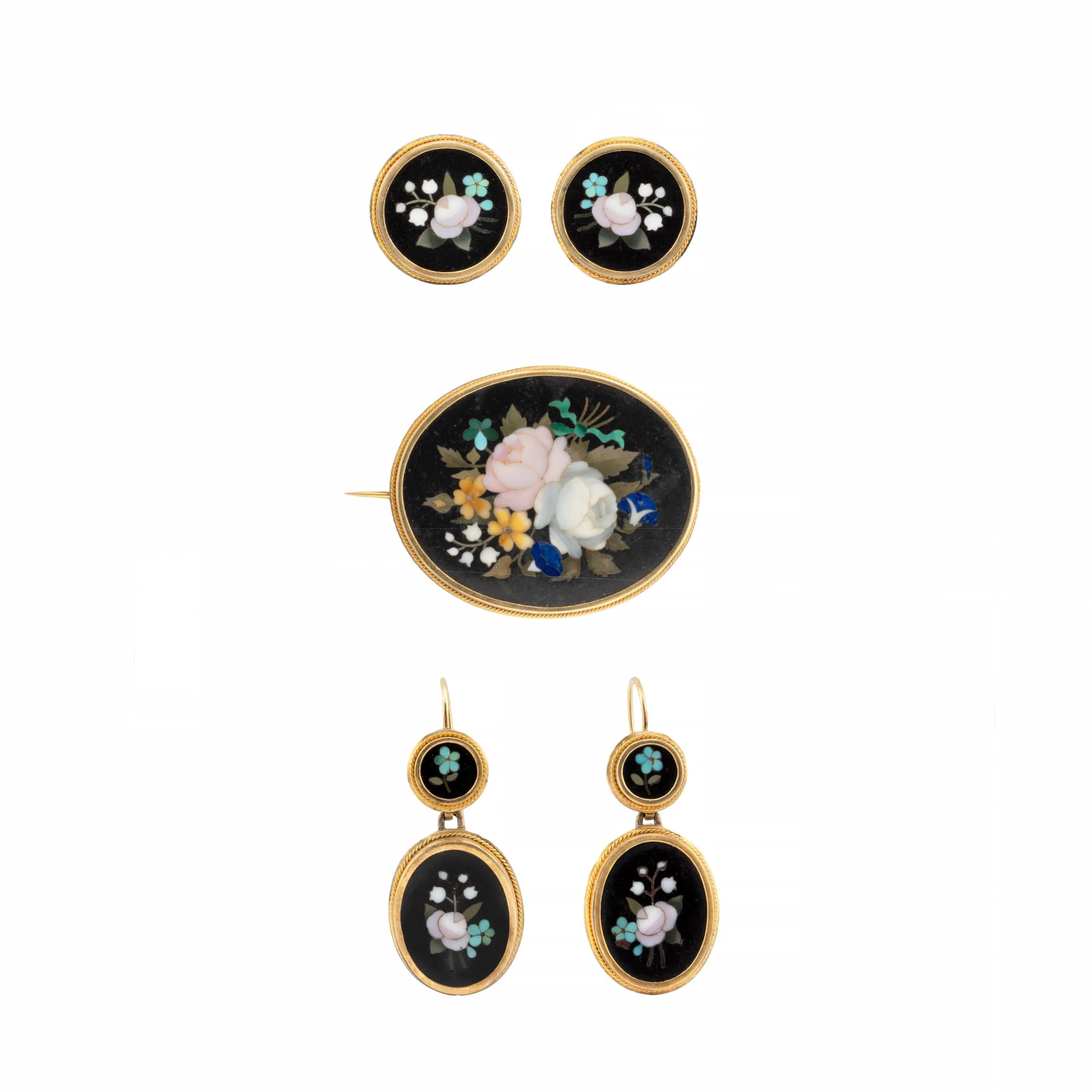 Exquisite Victorian Pietra Dura Floral Motif Suite with Brooch, Earrings, and Bu