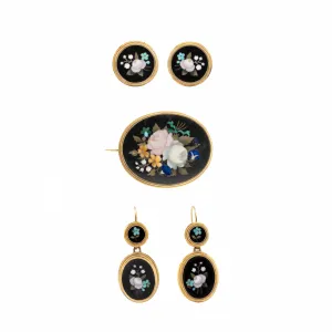 Exquisite Victorian Pietra Dura Floral Motif Suite with Brooch, Earrings, and Bu